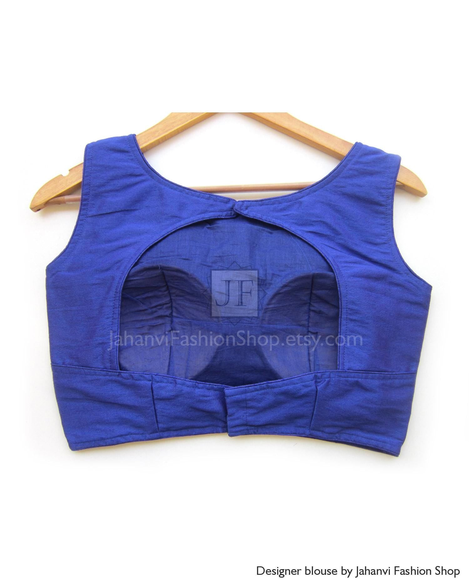 Royal Blue Dupion Silk Saree Blouse Boat Neck Ready To Wear Padded, Backless, Party Wear Crop Top Readymade Handcrafted Designer Top, USA