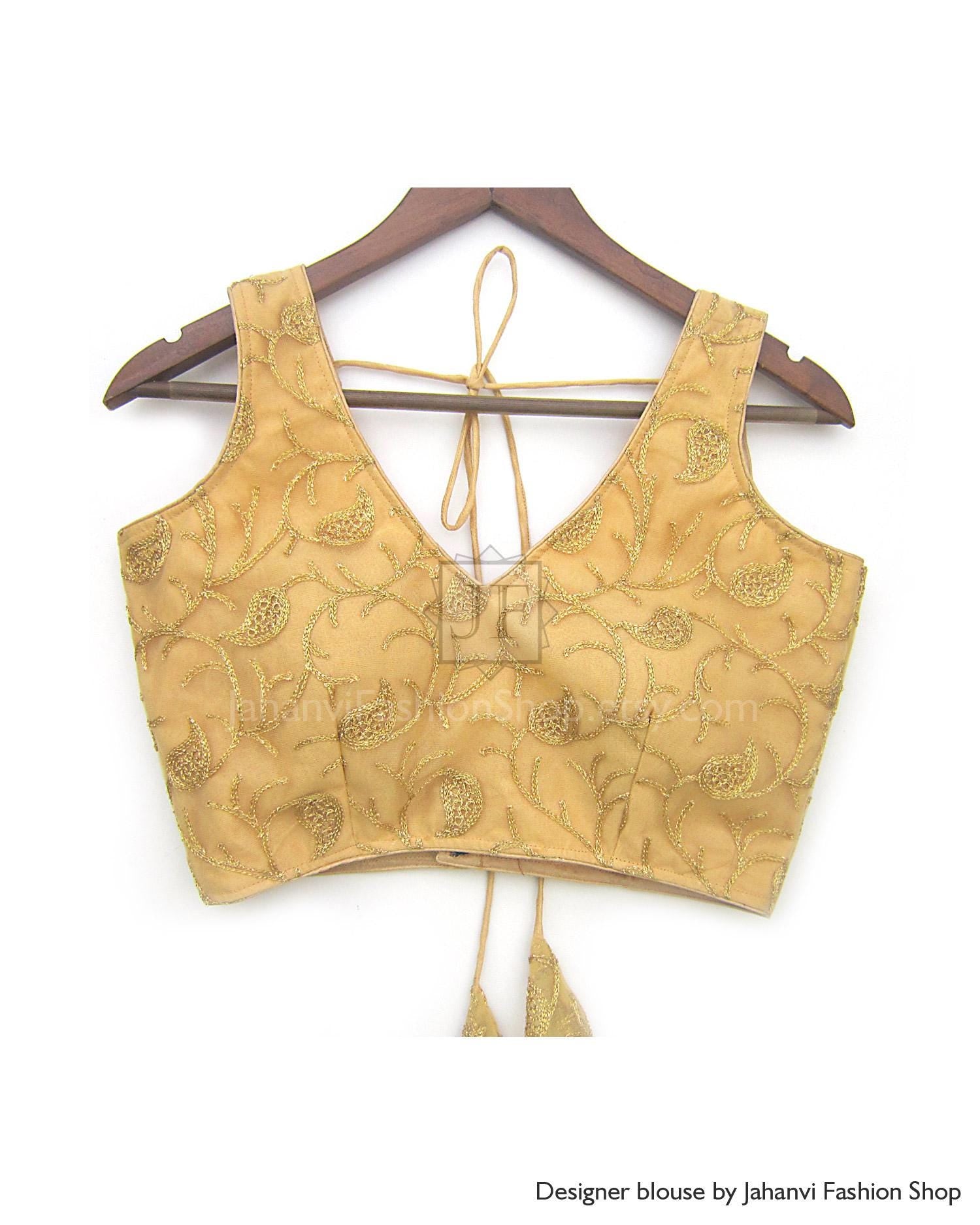 Embroidery Sari Blouse: Golden V Neck - For Bridal Saree, Princess Cut, Padded