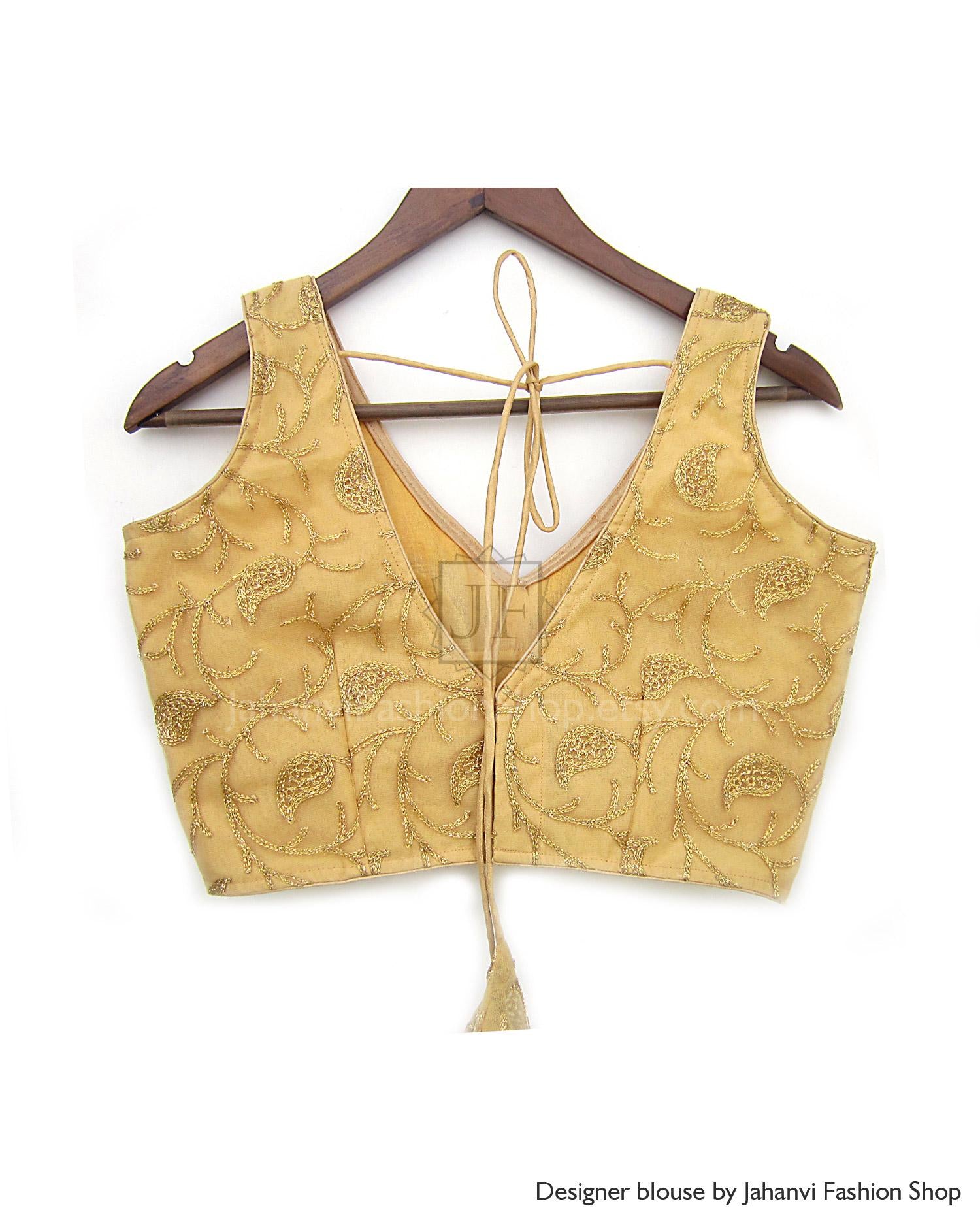 Embroidery Sari Blouse: Golden V Neck - For Bridal Saree, Princess Cut, Padded