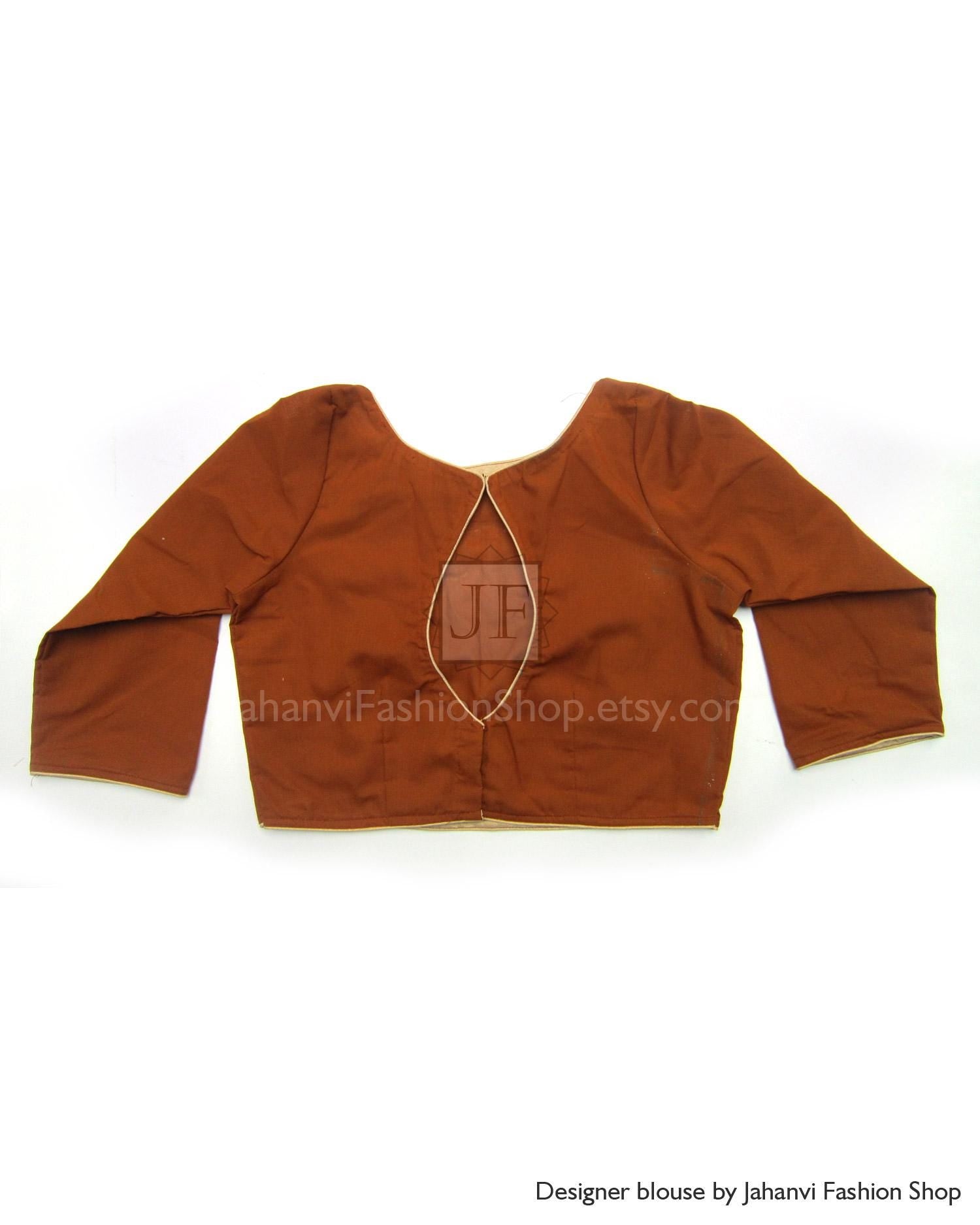 Cotton saree blouse, boat neck, 3/4 sleeves, rust brown