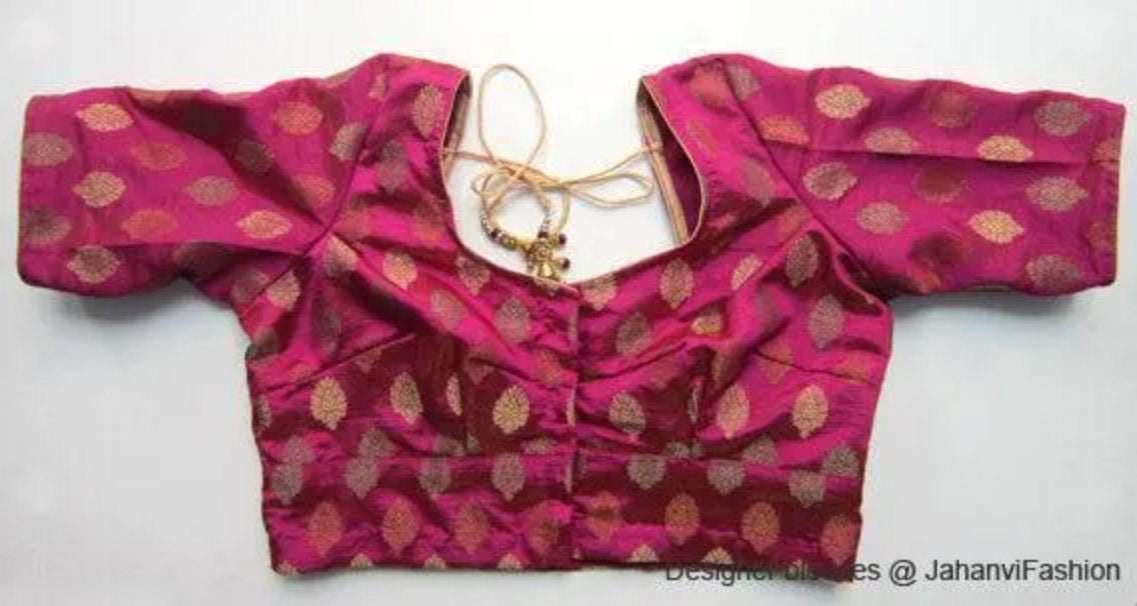 Magenta saree blouse with gold leaf motifs, square neckline and short sleeves
