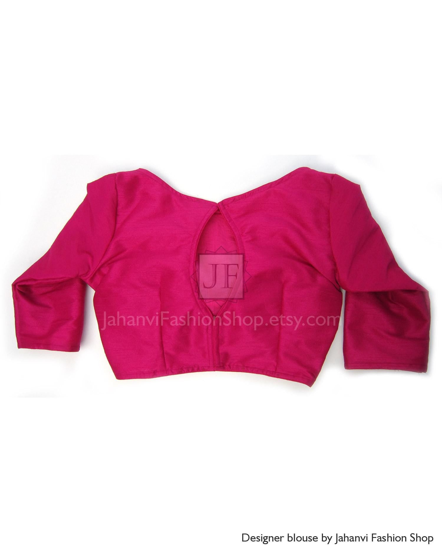Magenta boat-neck saree blouse, long sleeves, back neckline view with seam