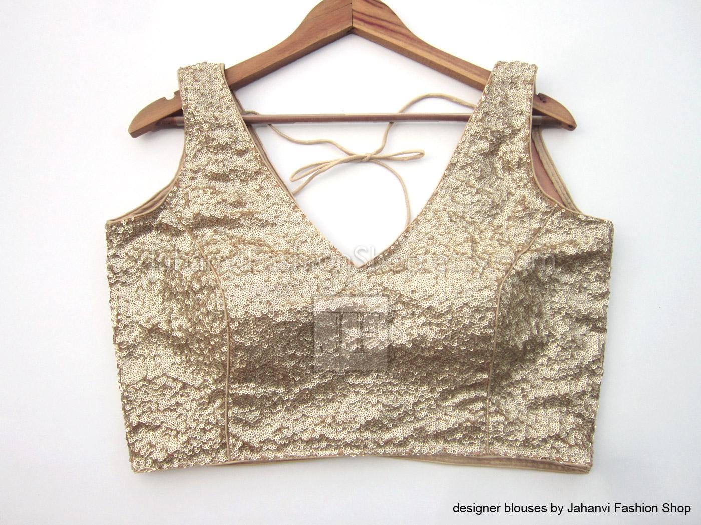 Light Golden Glitter Sequins Readymade Saree Blouse V-Neck Crop Top Tie Up Princess Cut Sleeveless Padded Premium Bridal Custom Wear Blouse