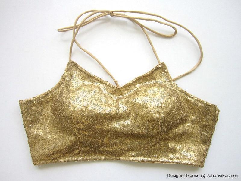 Gold sequined halter neck blouse with V-shaped backless cut