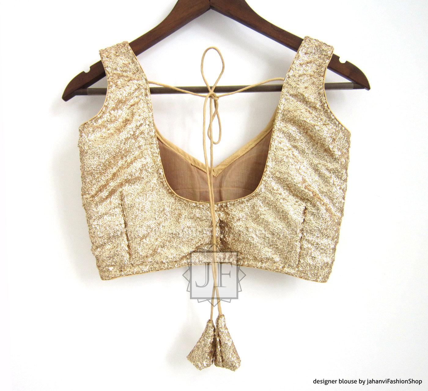 Glitter Sequin Saree Blouse: Gold Embroidered, Bridal Sari Top for Women