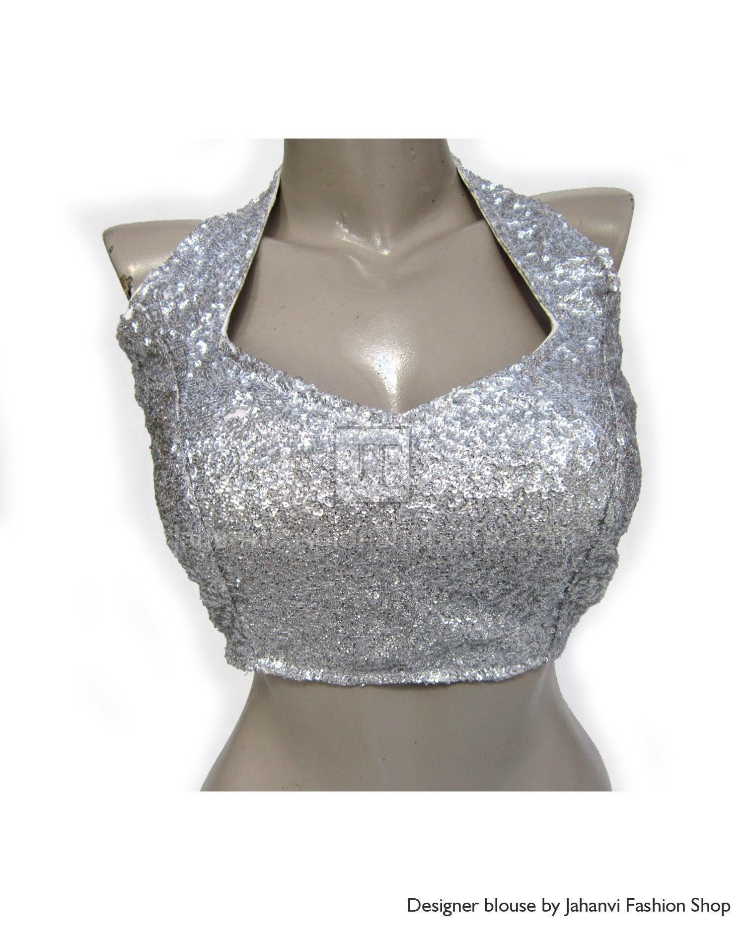 Glitter Halter Neck Saree Blouse- Gold Silver Black Sequin Top, Back Hook
