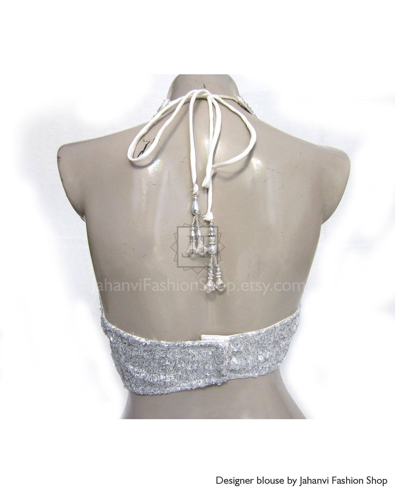 Glitter Halter Neck Saree Blouse: Gold Silver Black Sequin Top, Back Hook