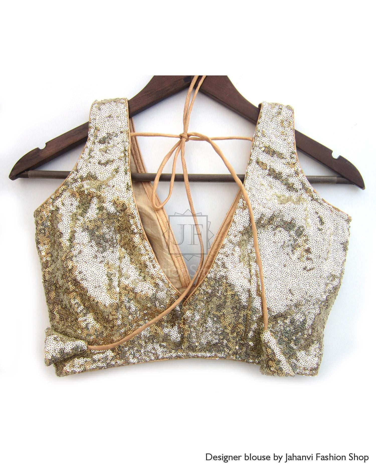Bridal Gold Sequin Saree Blouse: Sabyasachi Style Readymade Top