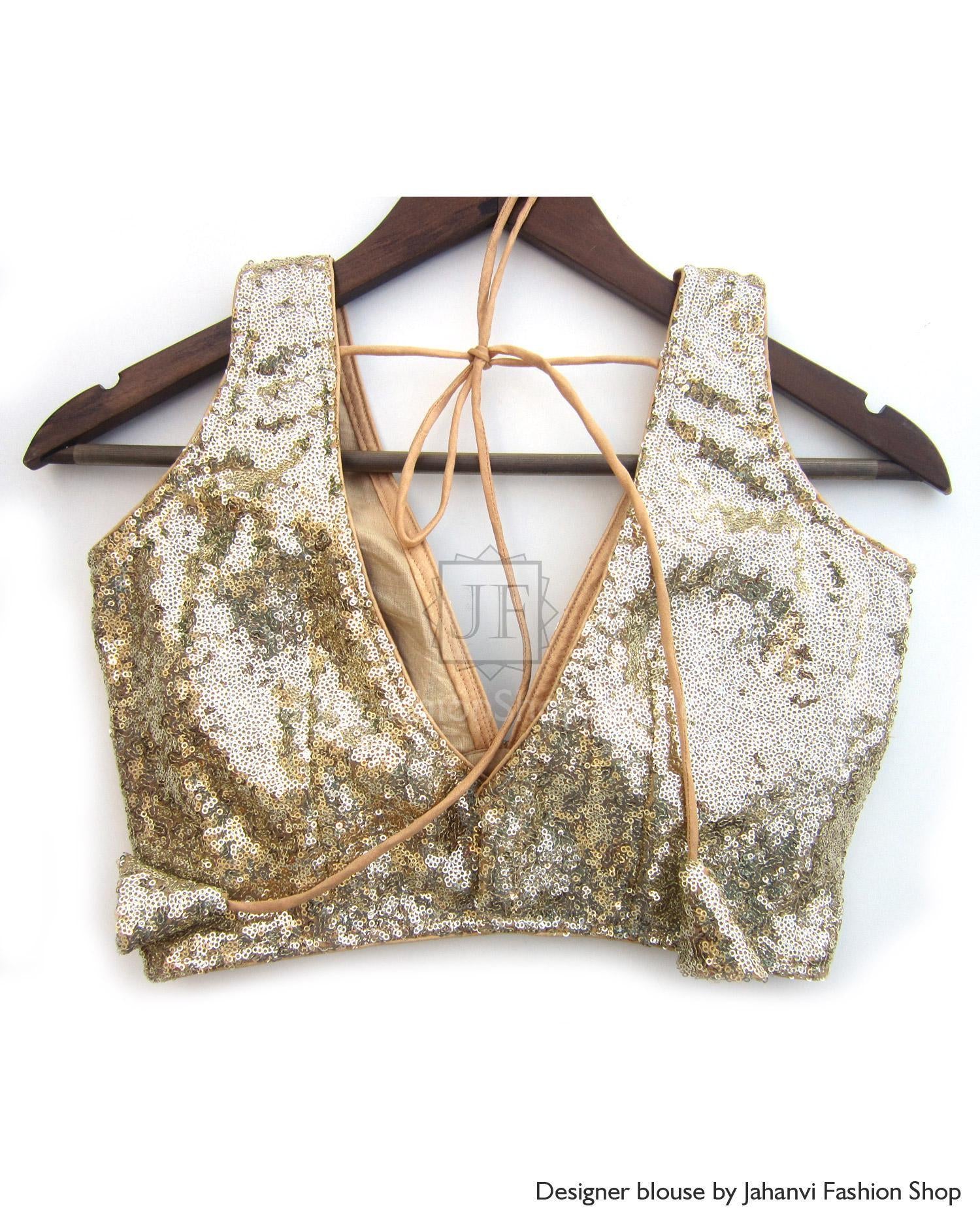 Gold sequin sleeveless saree blouse with open back and crisscross tie straps