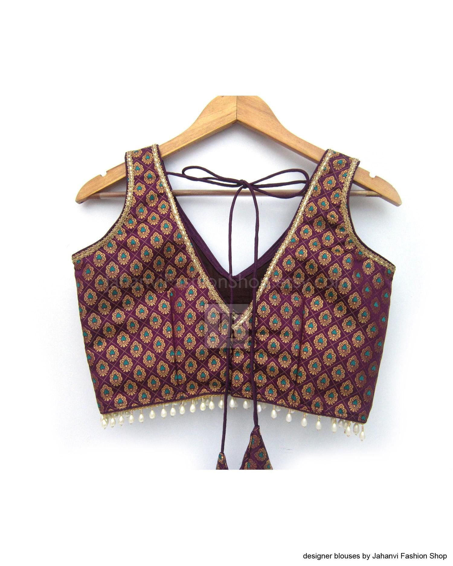 Brocade silk V-neck sleeveless blouse, maroon and gold, button front and tassels