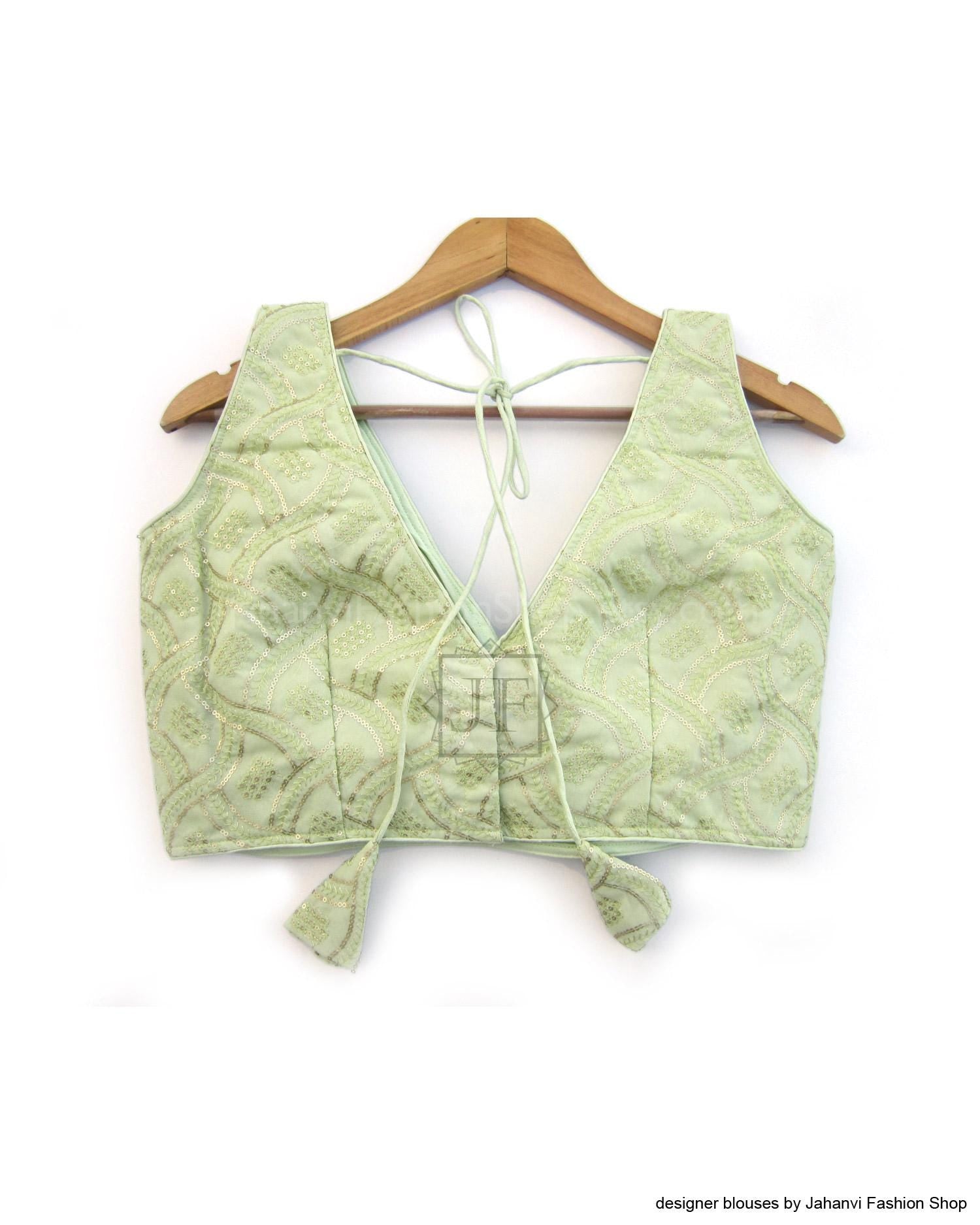 Pistachio Green Flourish Embroidery Ready To Wear, V-Neck Sabyasachi Bridal Saree Blouse Princess Cut Padded Premium Indian Crop Top