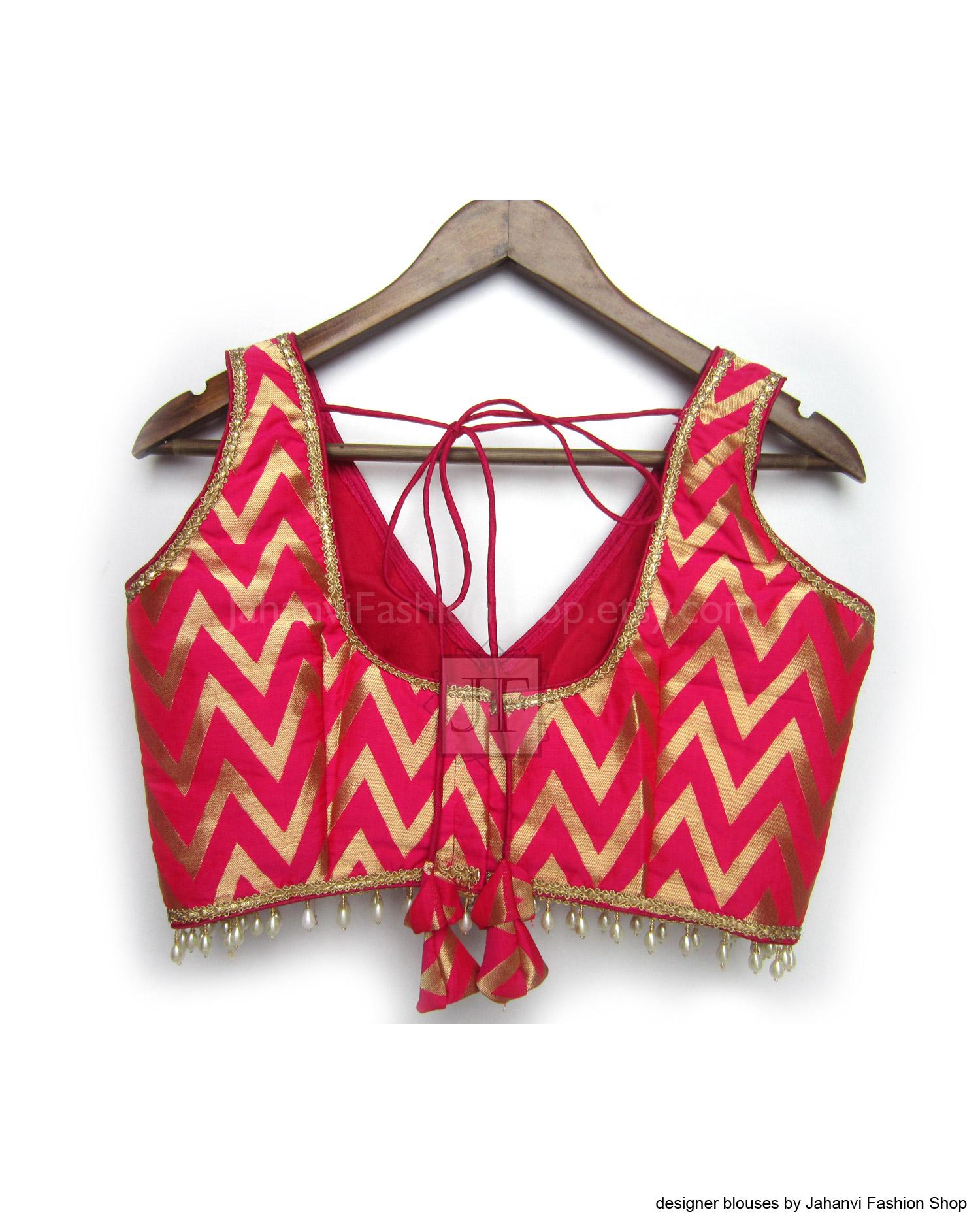 Pink and red brocade crop blouse with deep V-neck, halter straps, tassel fringe