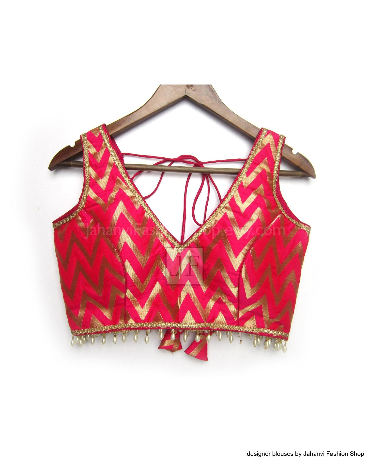 Red and magenta brocade blouse crop top with deep V-neck and zigzag trim