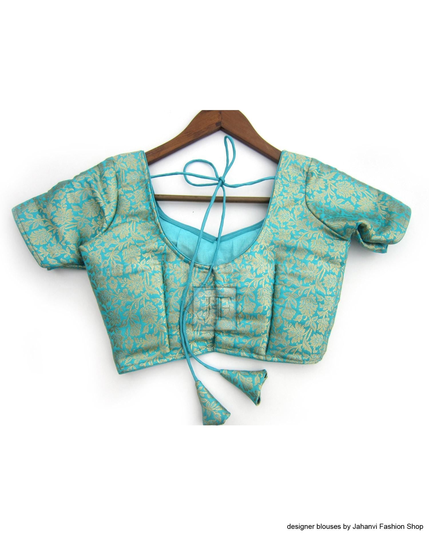 Embellished sari blouse back, turquoise blue brocade with tie-up detail and short sleeves