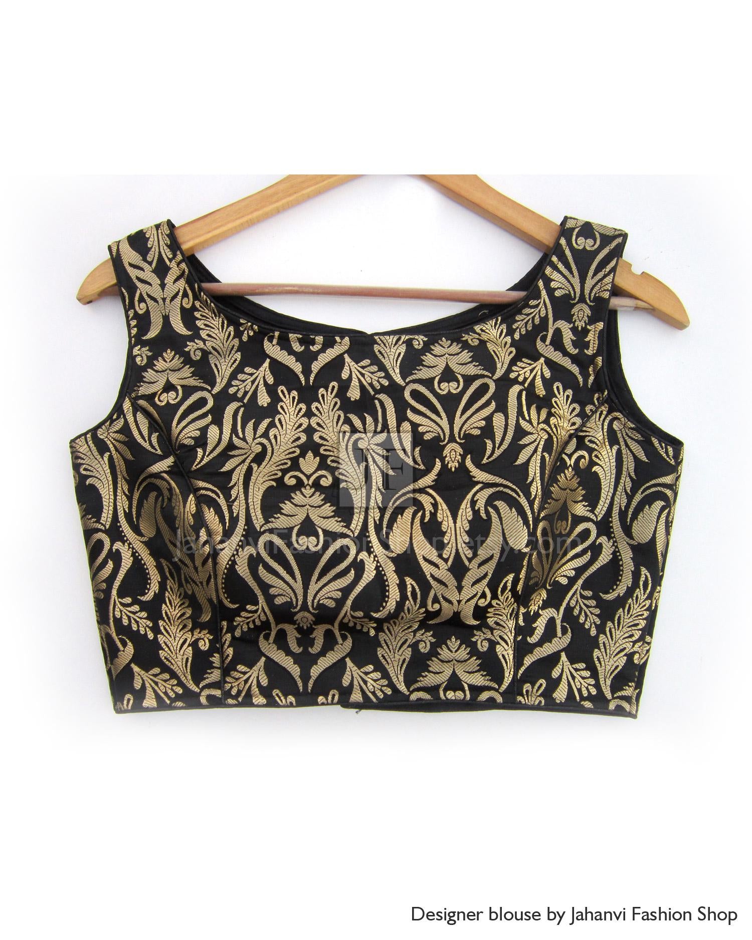 Black Brocade Saree Blouse- Boat Neck, Sleeveless Custom Made Crop Top