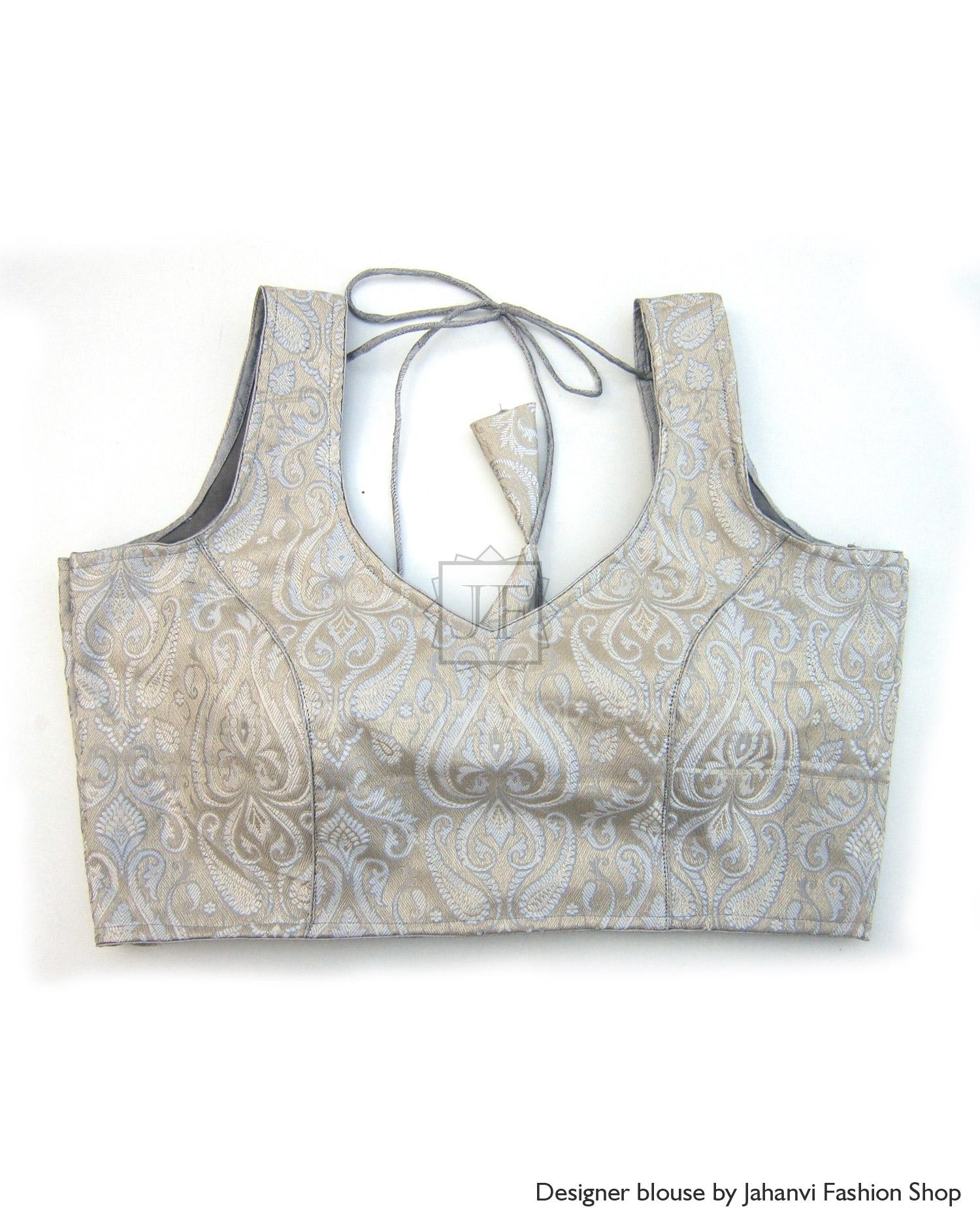 Backless brocade saree blouse with lace-up tie back, gold-cream jacquard