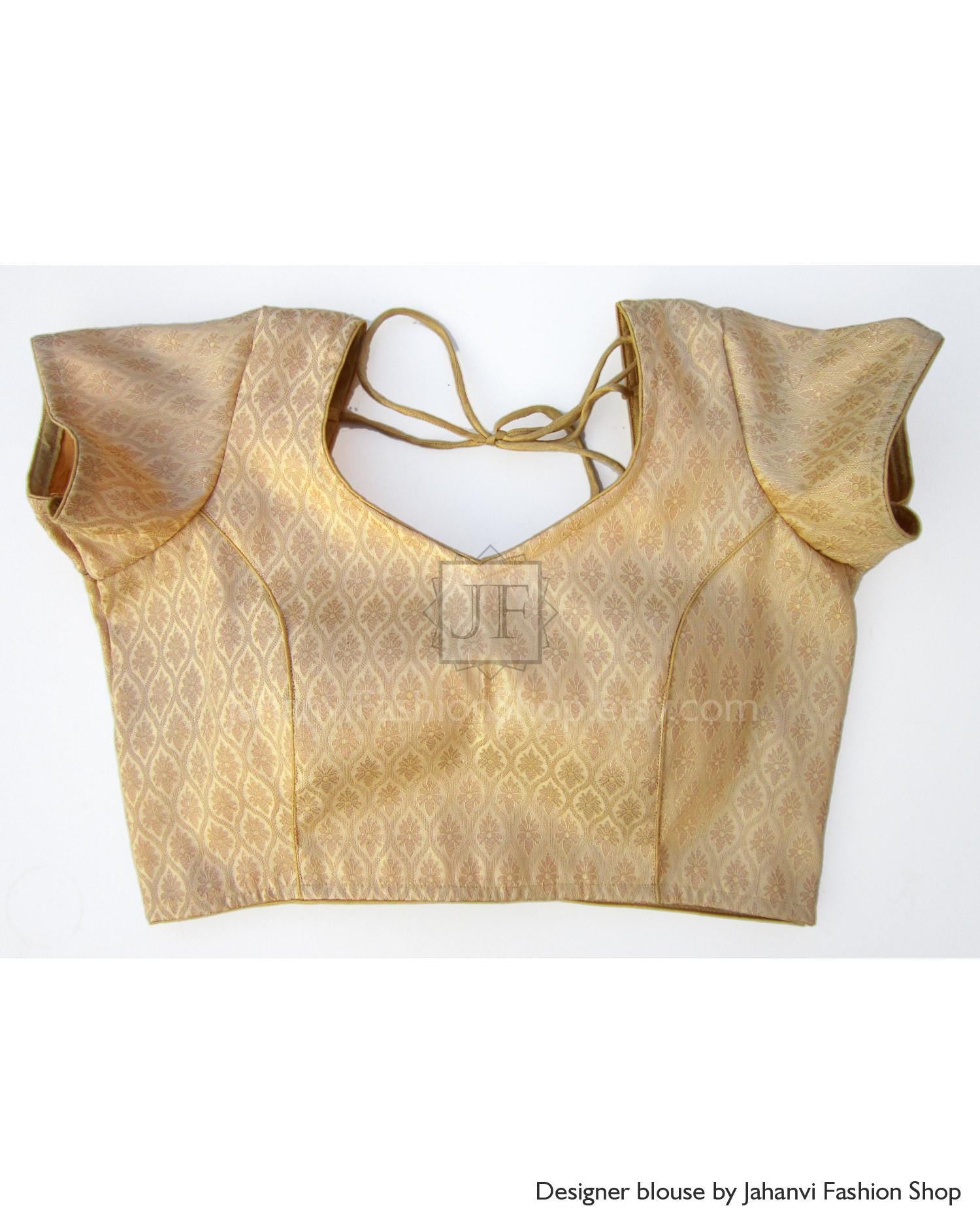 Golden brocade saree blouse, sweetheart neckline, short sleeves, princess seams, tie straps