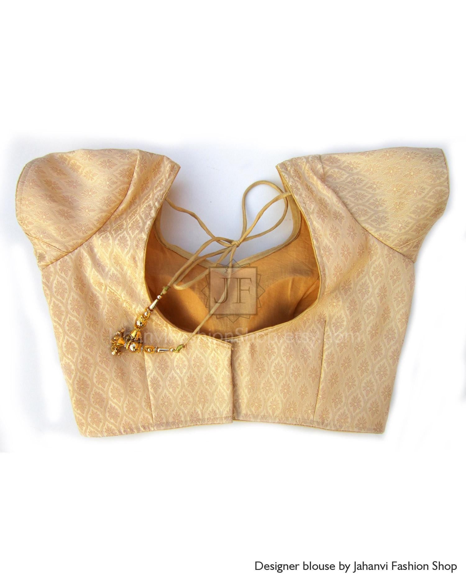 Golden Brocade Saree Blouse: Short Sleeves, Princess Cut, Sweetheart Neck, Made to Order