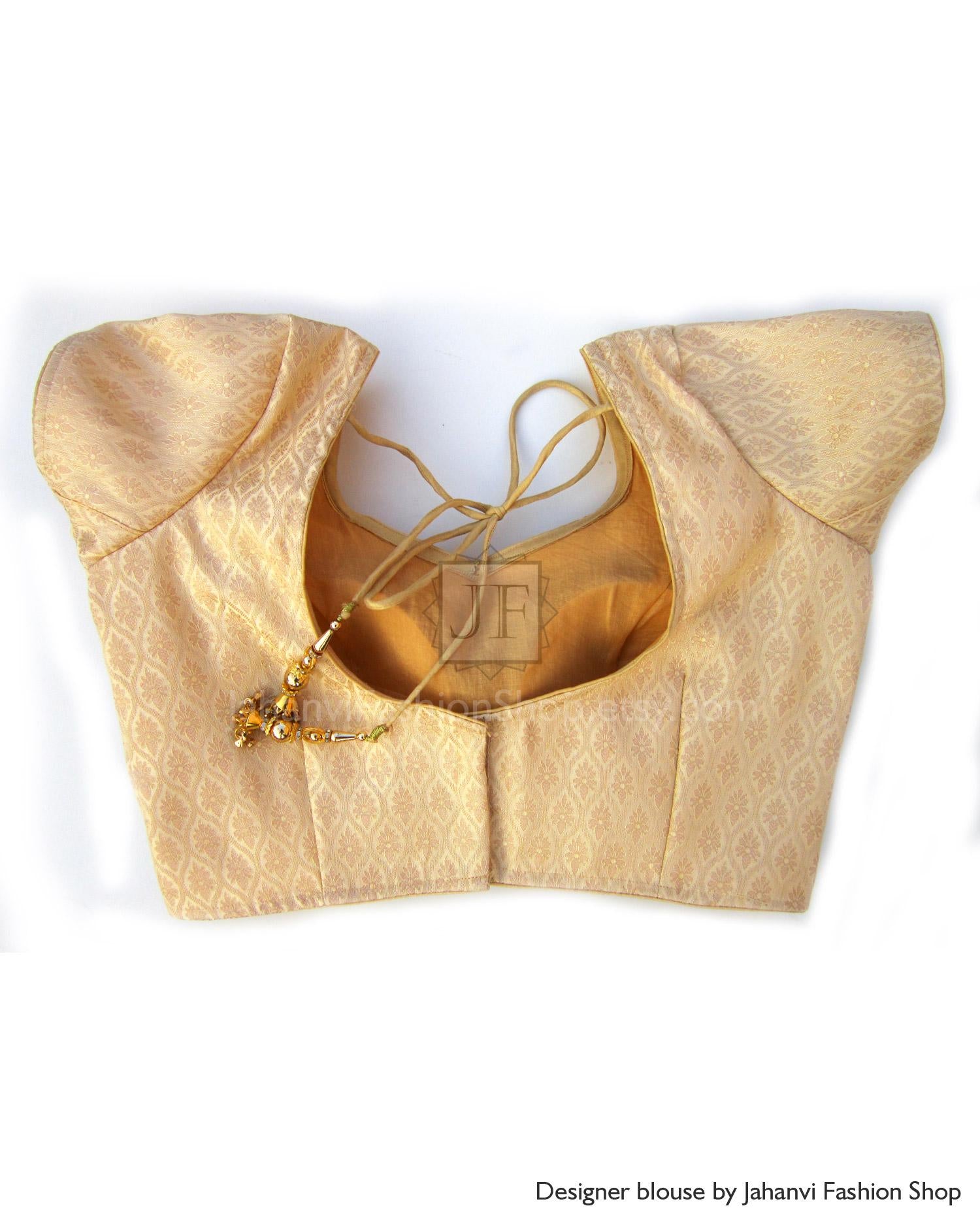 Golden brocade saree blouse, sweetheart neckline, short sleeves, princess seams, tie closure
