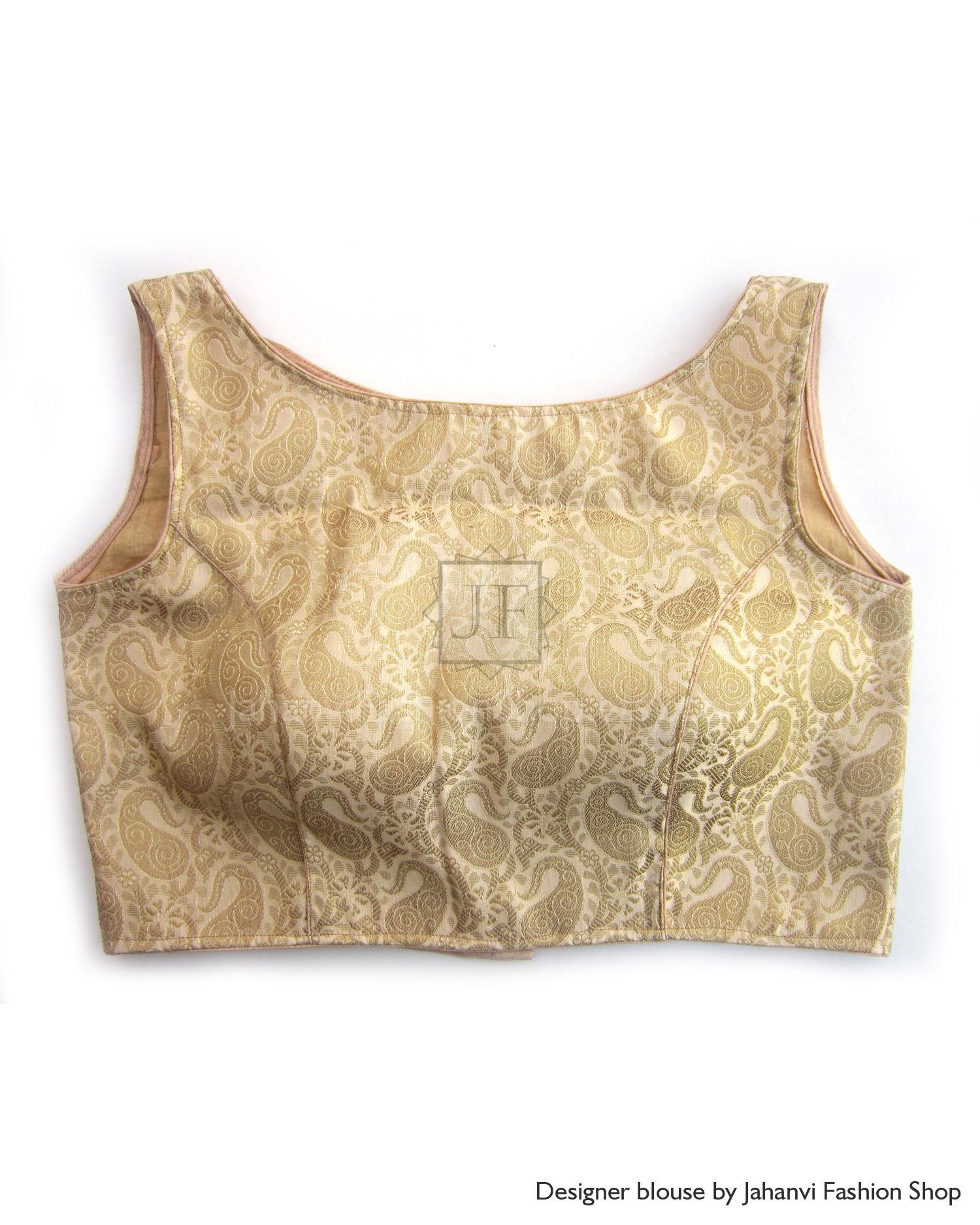 Golden brocade saree blouse with sleeveless scoop neckline and padded bust panel