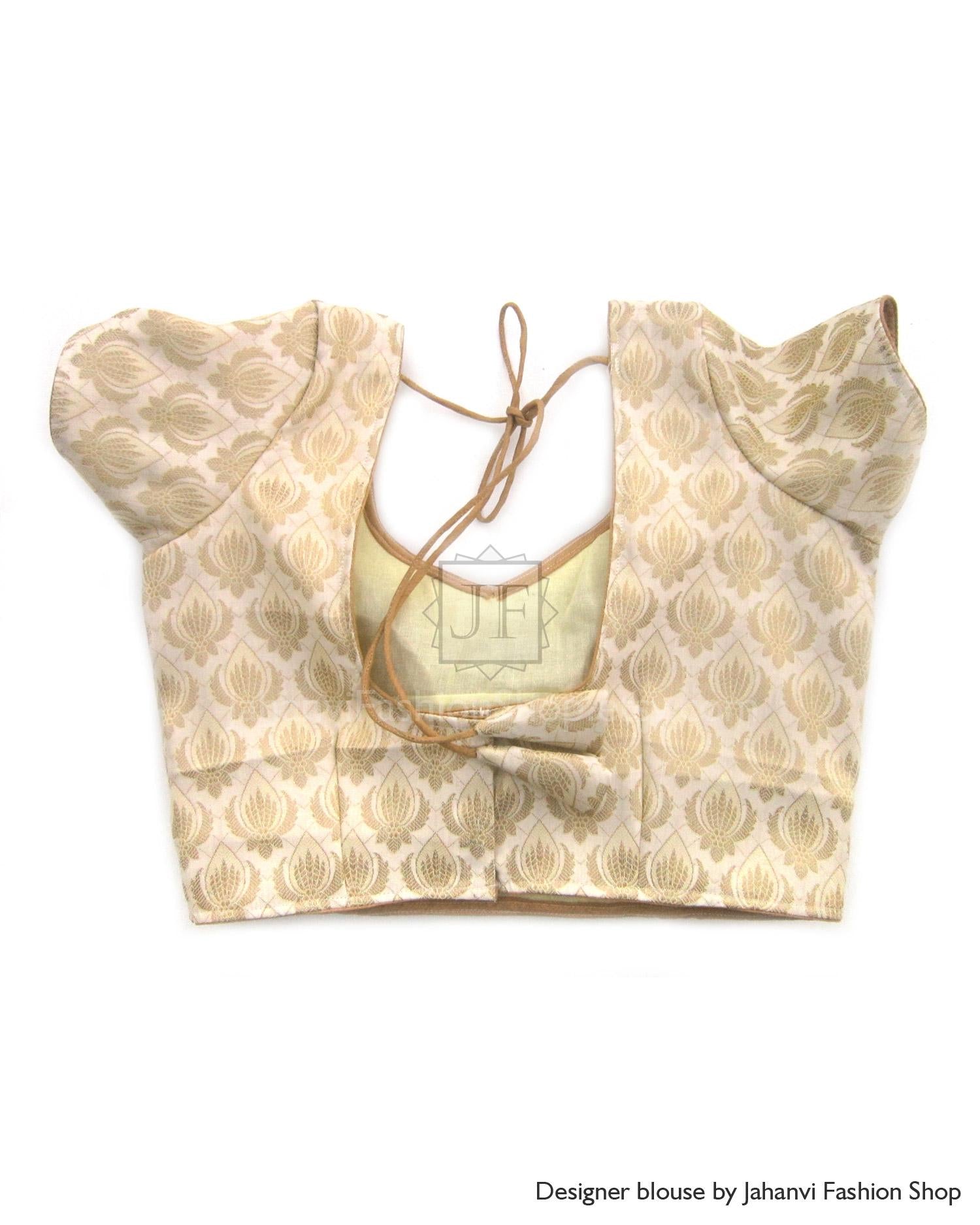 Cream and gold brocade blouse with tied neck straps, sweetheart neck, short puff sleeves
