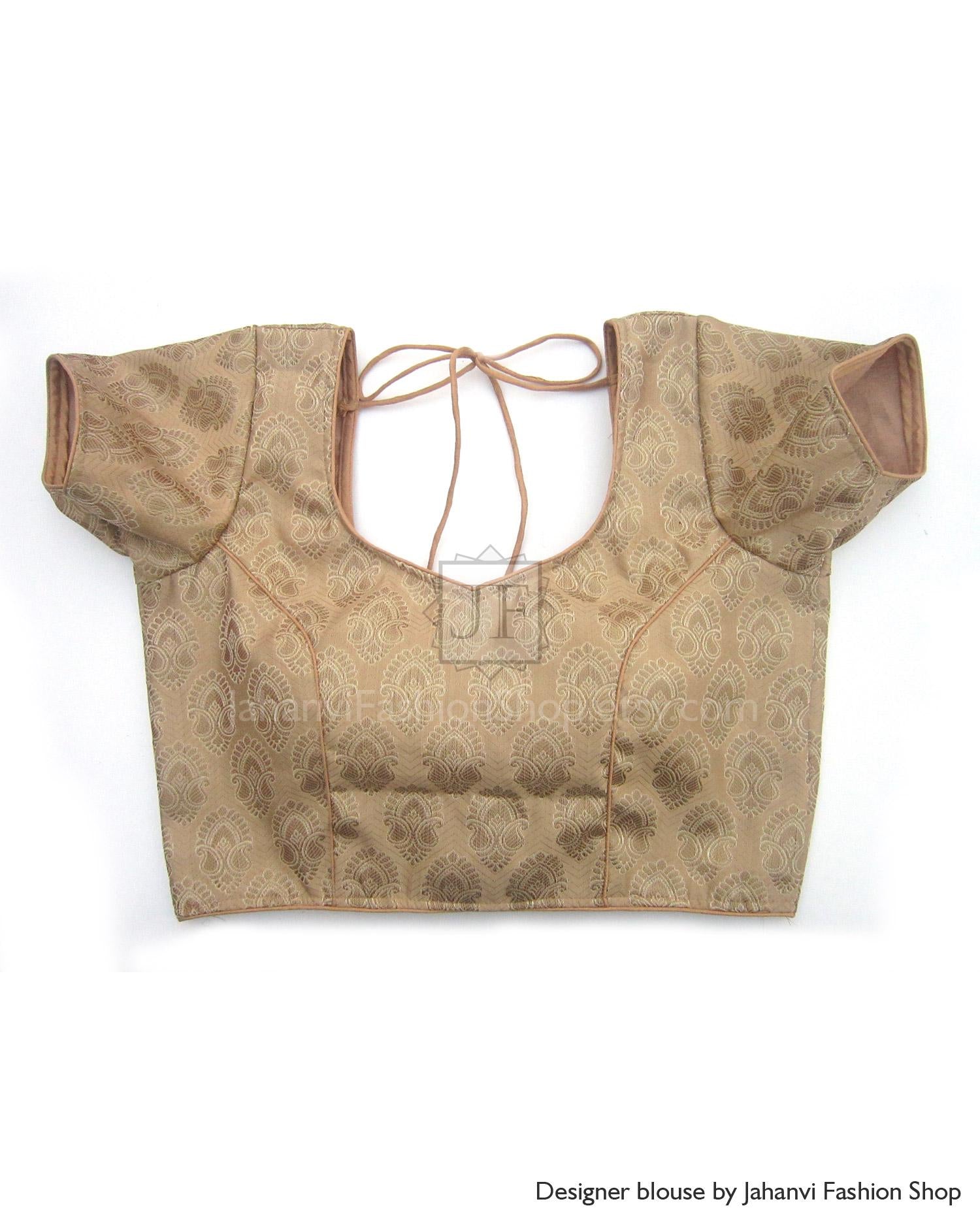 Golden beige patterned saree blouse crop top with sweet-heart neckline and short puff sleeves