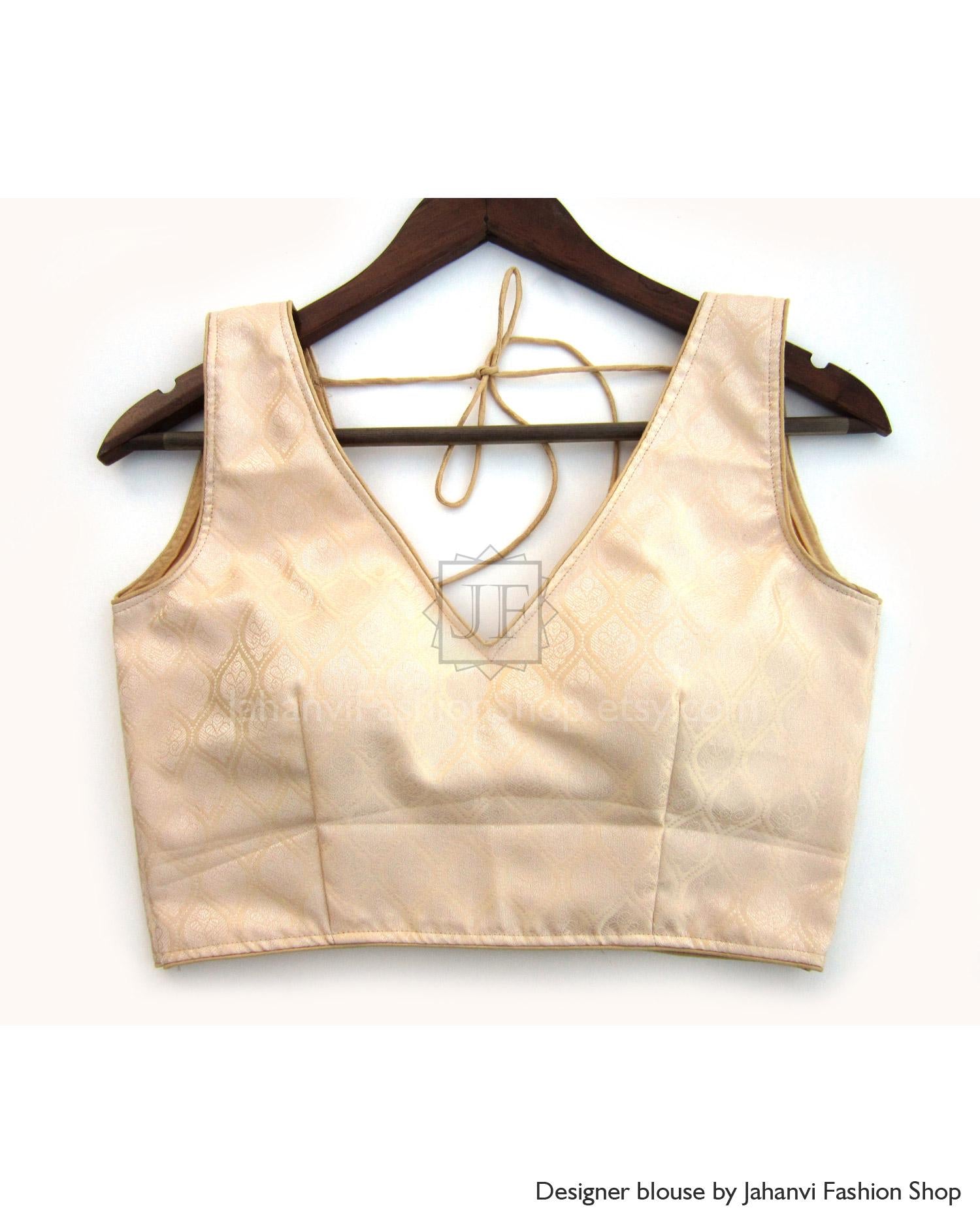 Elegant V-Neck Golden Saree Blouse- Stitched, Back Open, Custom Made