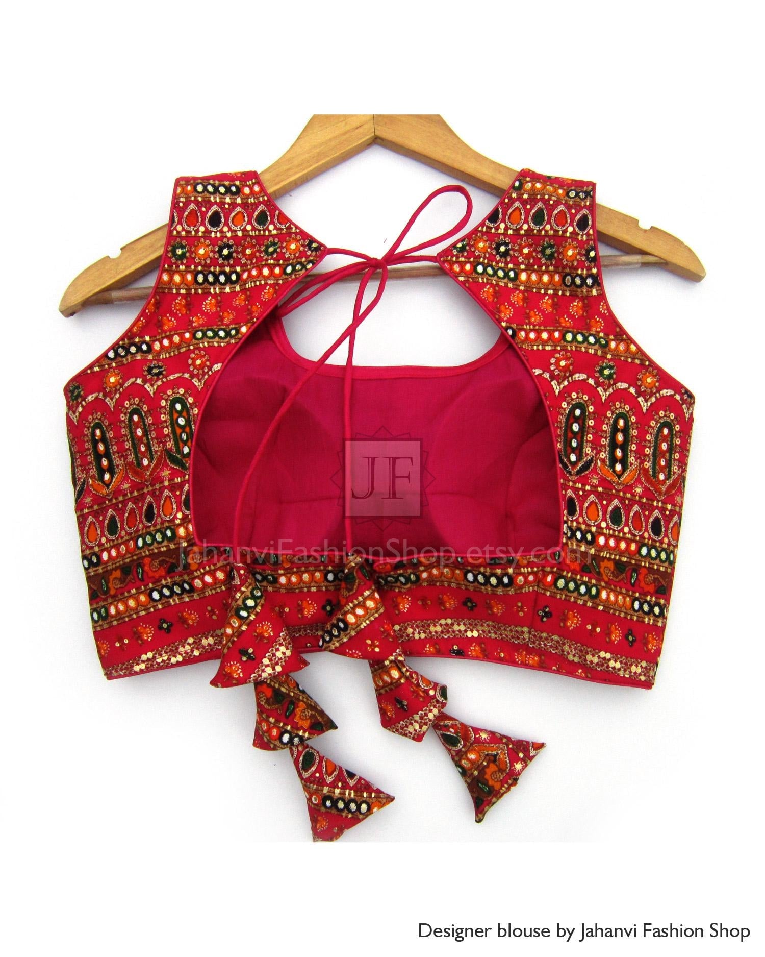 Back Less Designer Multicolor Round Neck Rayon Saree Blouse: Custom Fit Party Wear Top