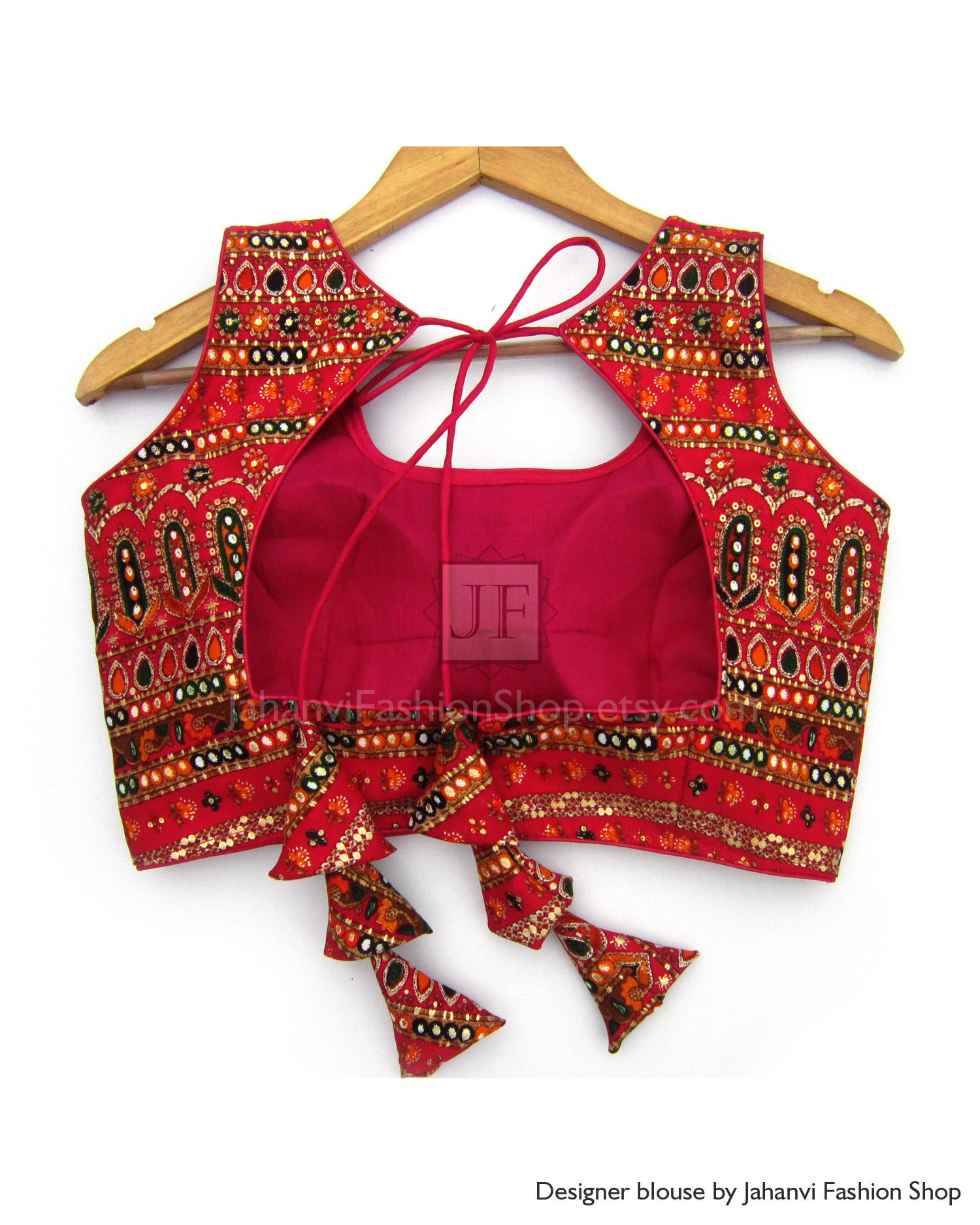Back Less Designer Multicolor Round Neck Rayon Saree Blouse: Custom Fit Party Wear Top