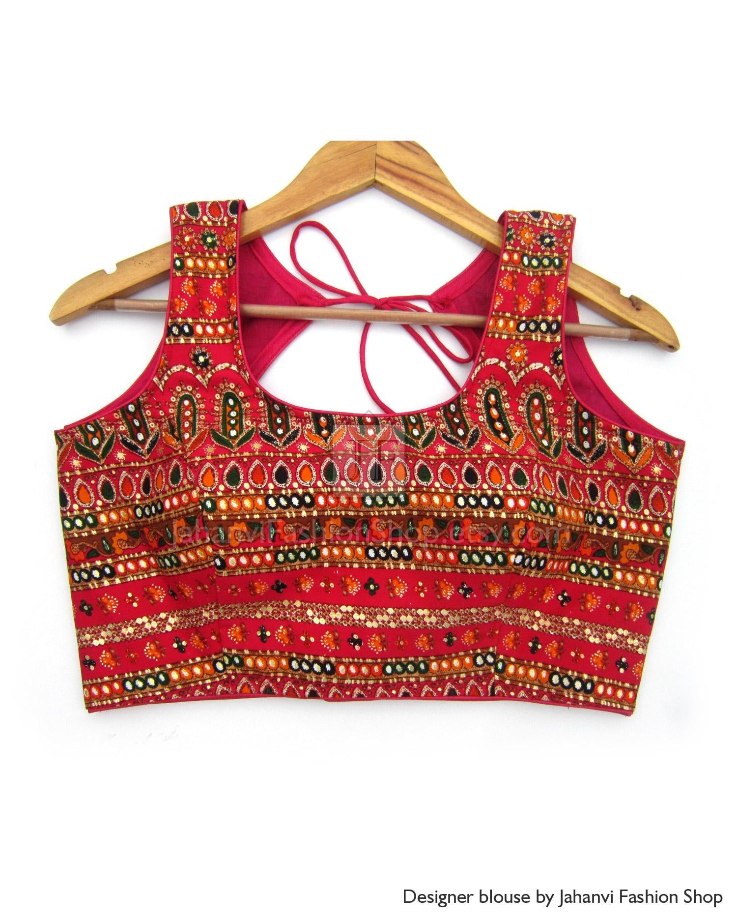 Back Less Designer Multicolor Round Neck Rayon Saree Blouse: Custom Fit Party Wear Top
