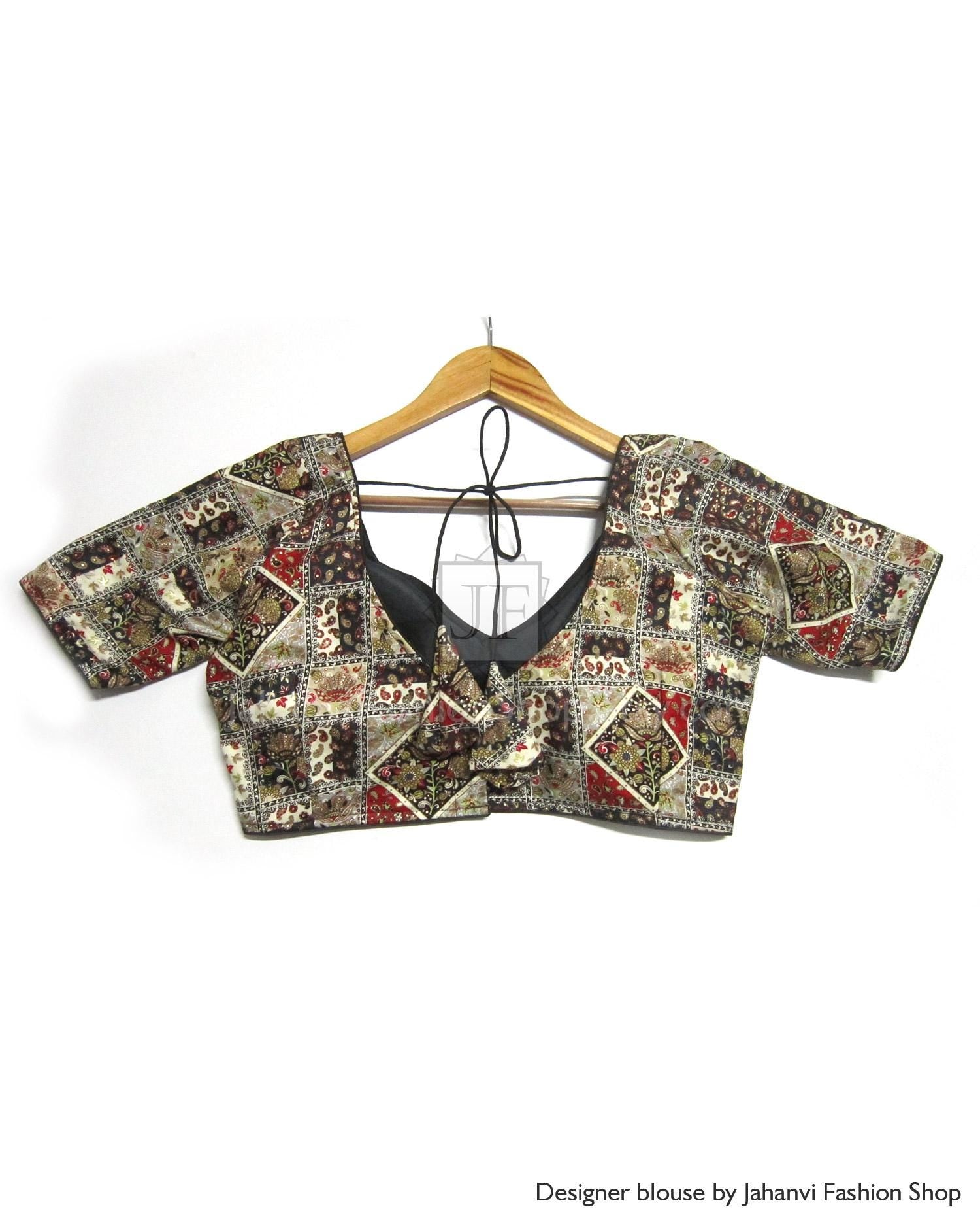 V-Neck Sabyasachi Saree Blouse: Designer Checks Pattern, Short Sleeves