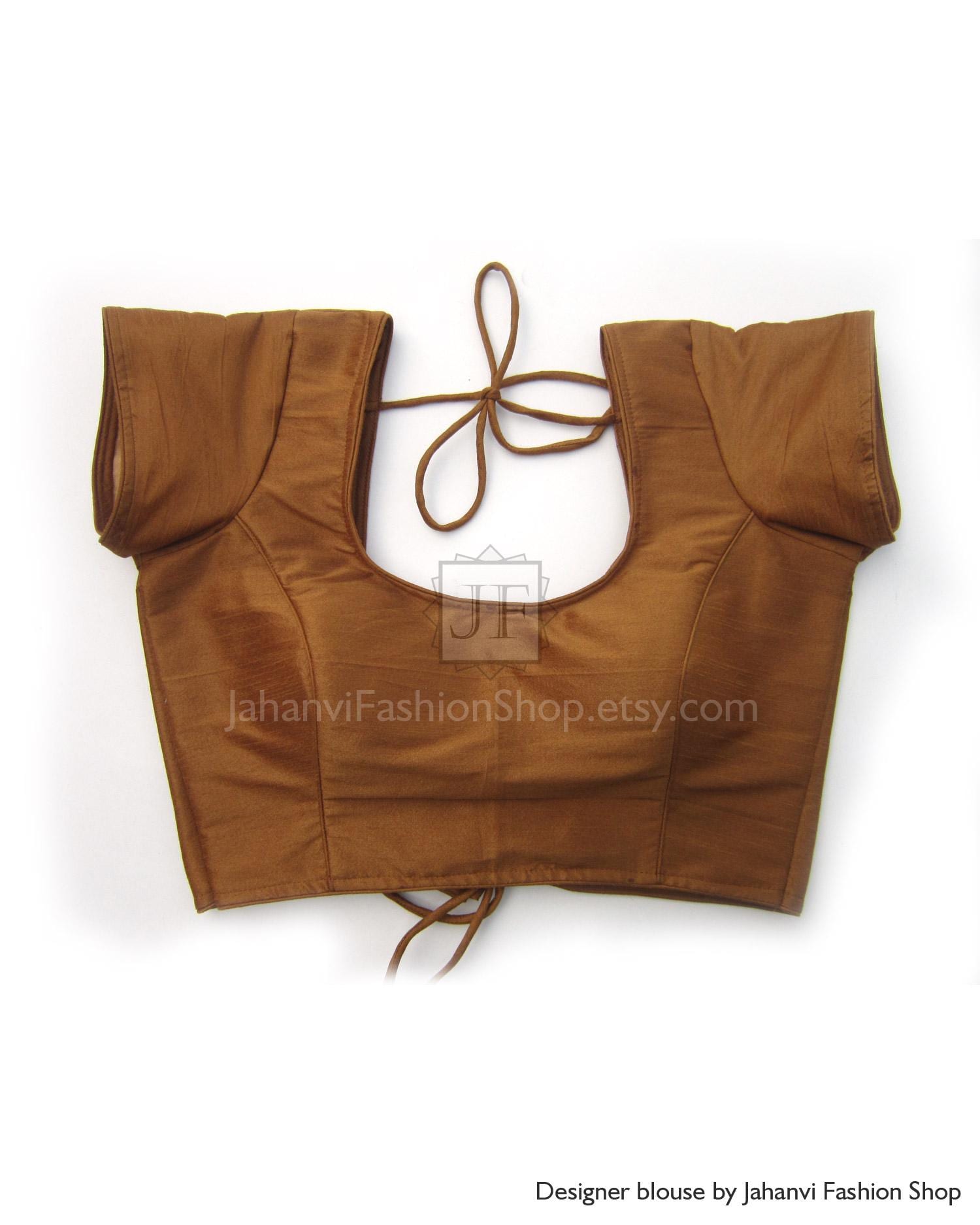 Brown round-neck saree blouse with short sleeves and lace-up tie front