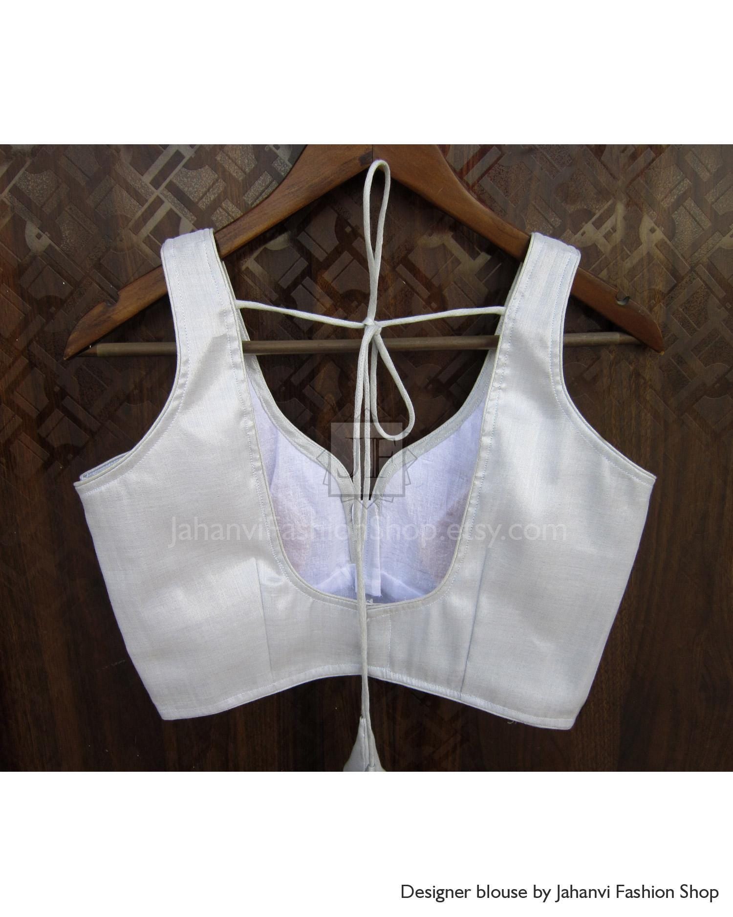 White saree blouse crop top with open back V and adjustable tie straps