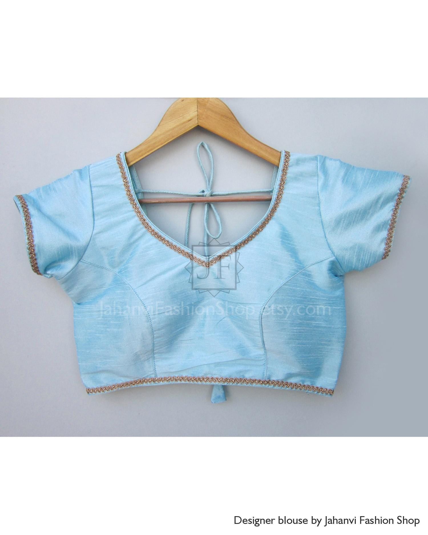 Bridal Raw Silk Saree Blouse: Golden Lace - Custom Fit, Back hook Crop Top