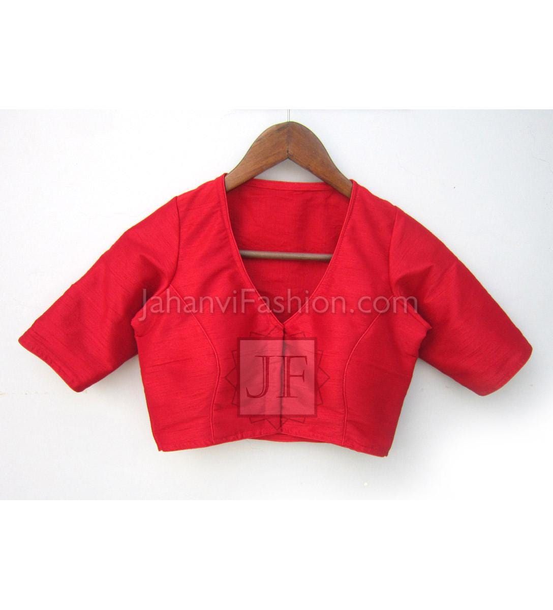 Red Dupion Silk Ready To Wear Saree Blouse V-Neck Short Sleeves Princess Cut Padded Back Full Covered Readymade Designer Crop Top, USA