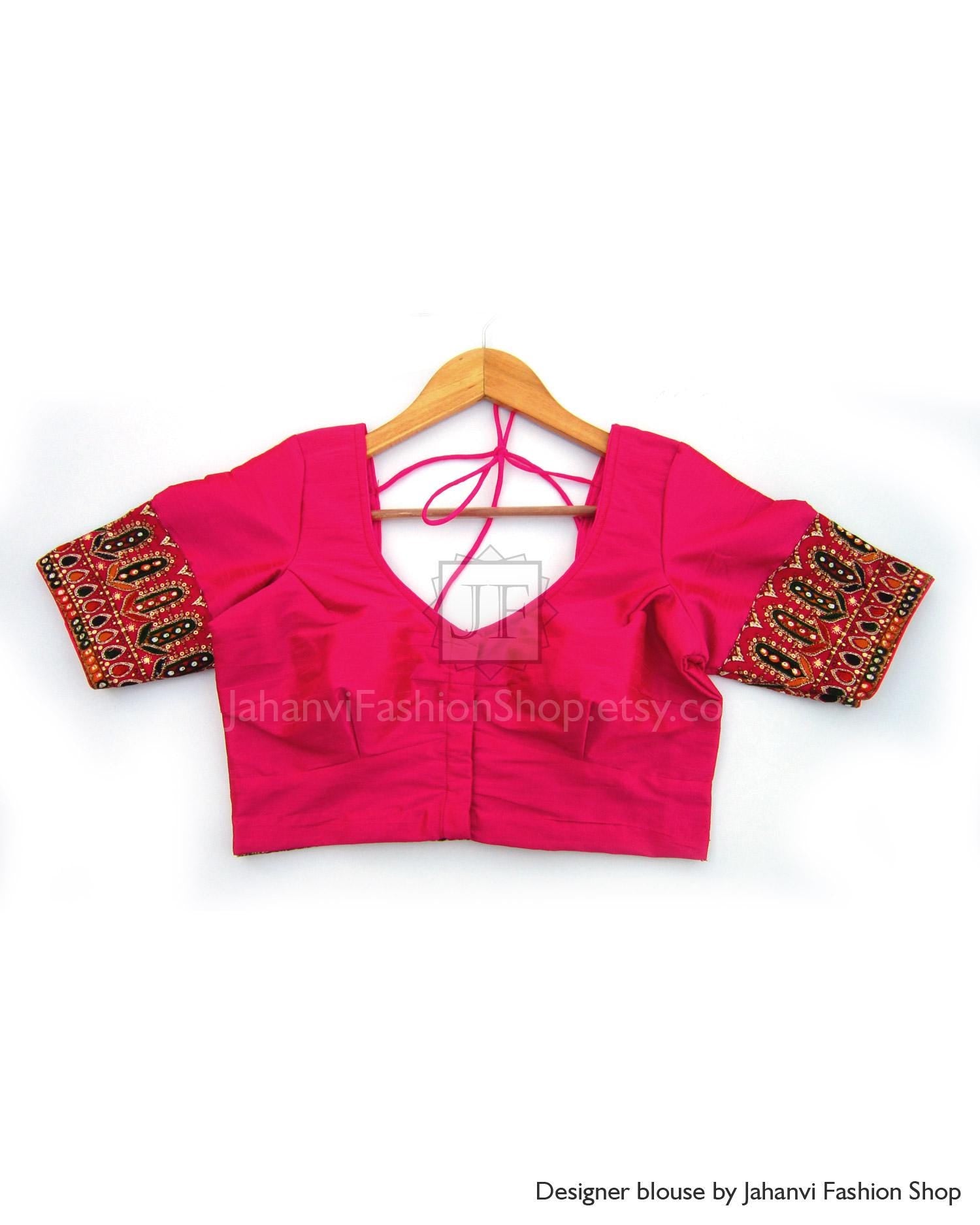 Magenta saree blouse with round neck, dart style, embroidered elbow sleeves