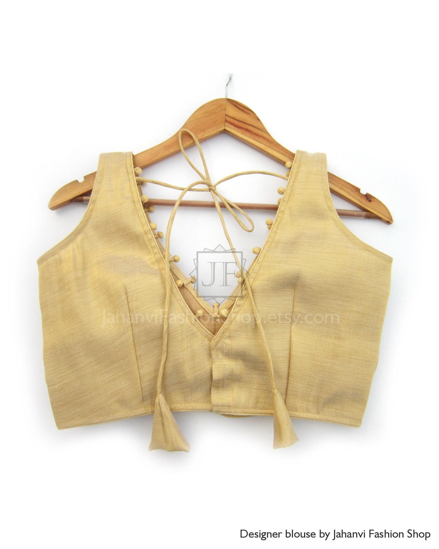 V-neck Indian Saree Blouse: Designer Sari Top for Bridal Sari