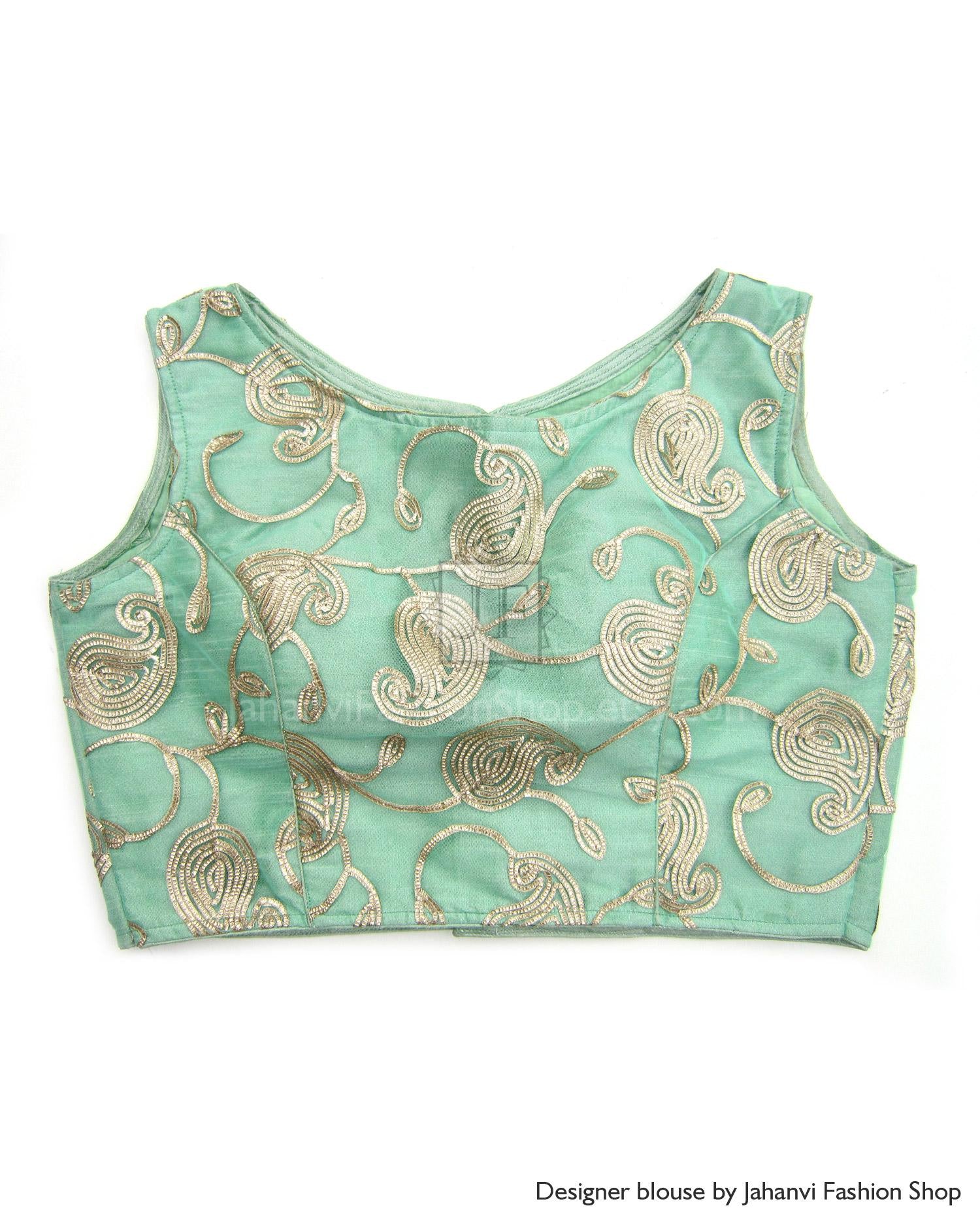Sea Green Readymade Designer Embroidery Saree Blouse For Women | Boat Neck Bridal & Party Wear Custom Fit Crop Top Indian Silk Sari Blouse