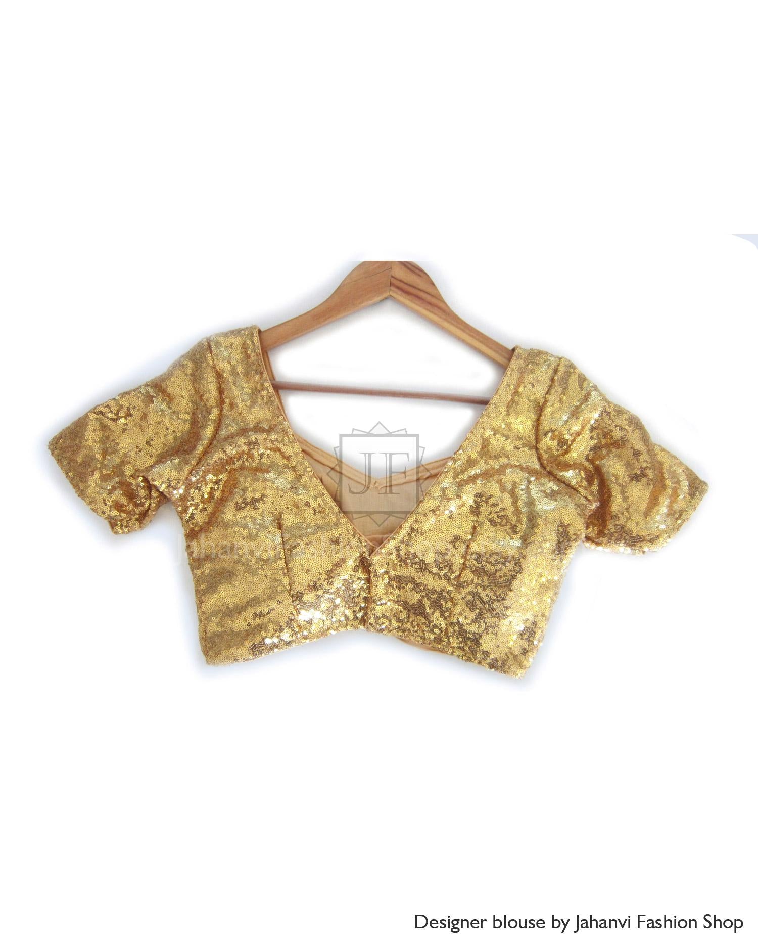 Light gold sequin crop blouse with short sleeves and V-shaped cross front