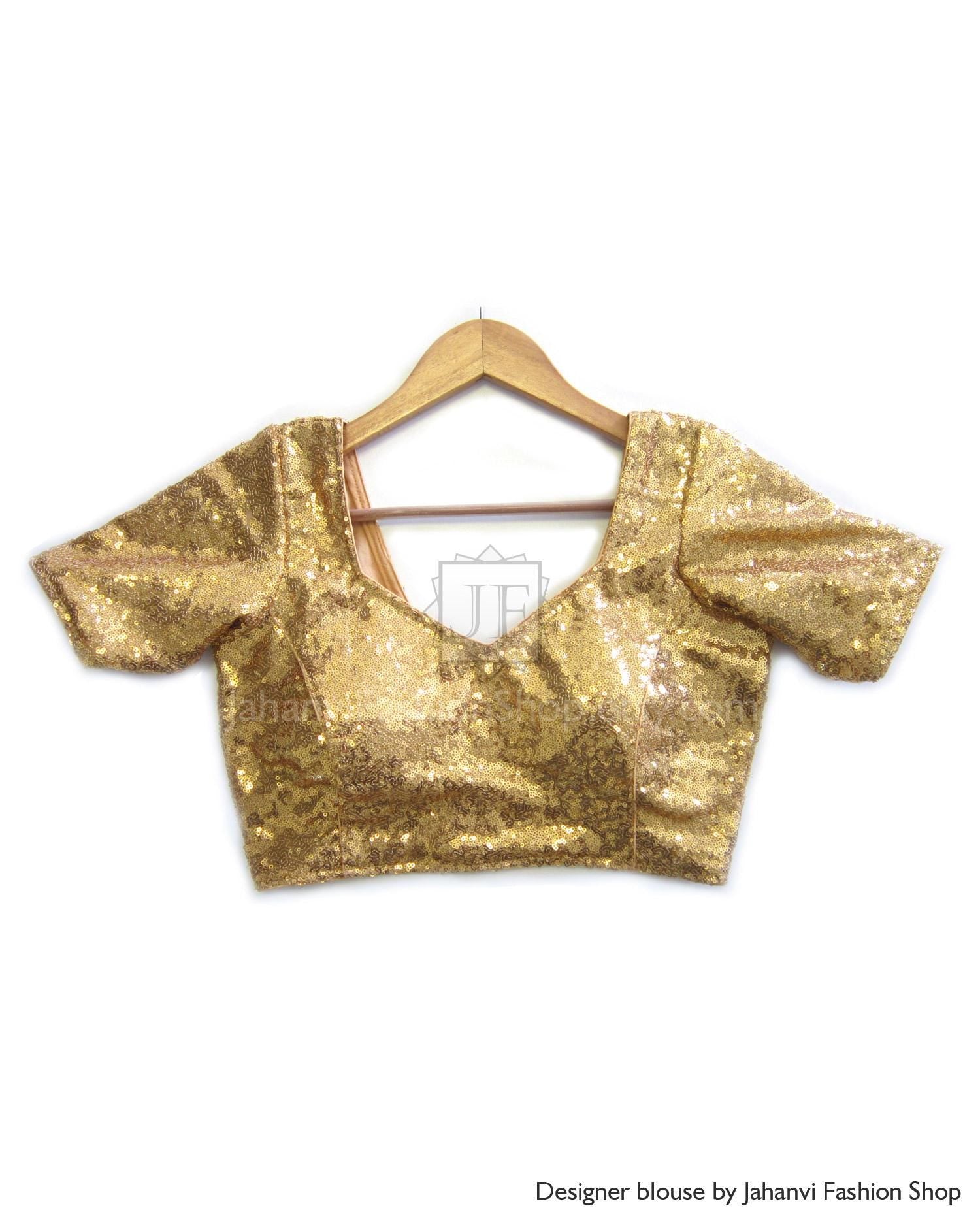 Gold Sequin Saree Blouse:  Bridal, Sleeveless, Back Open Crop Top