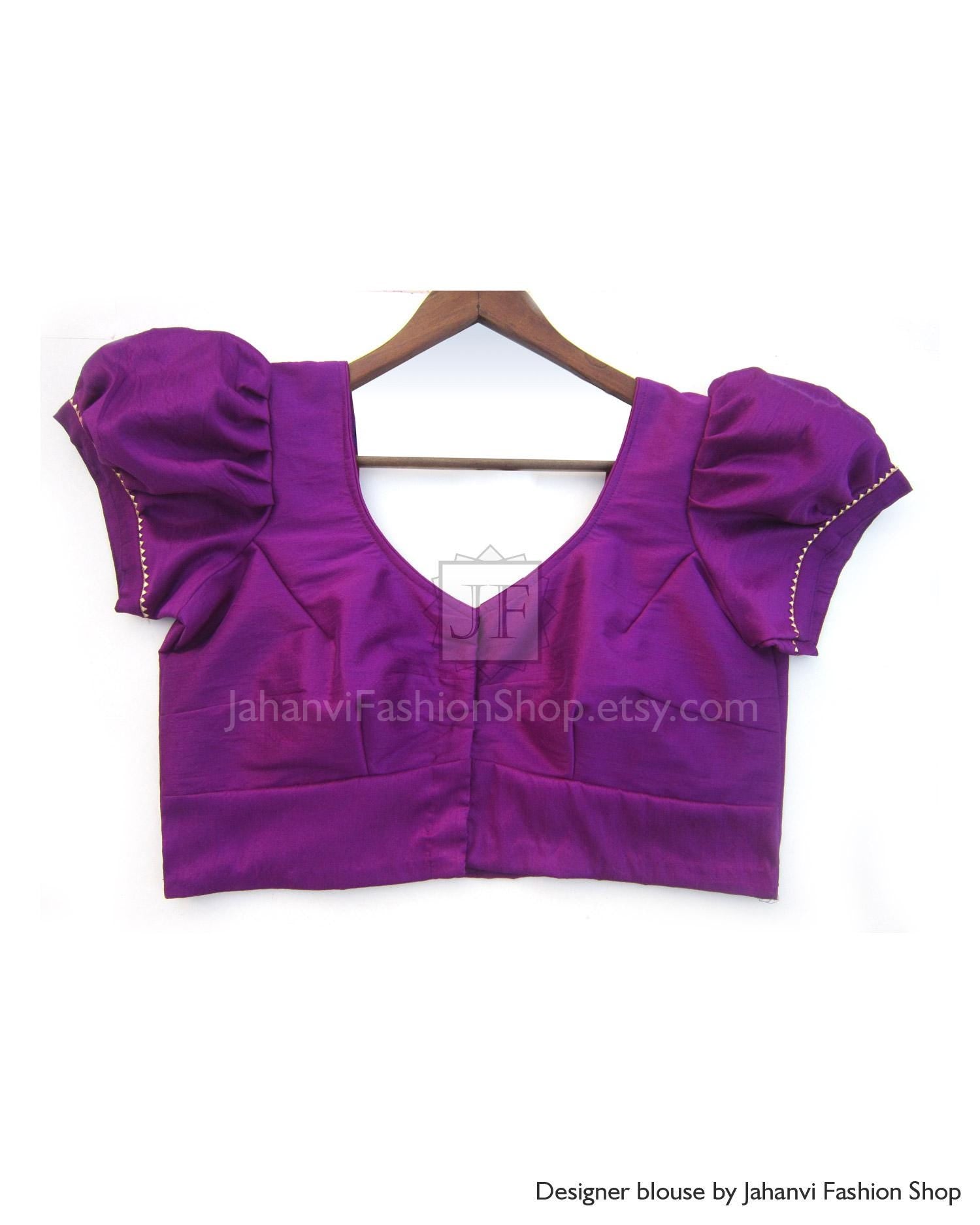 Purple puff sleeve saree blouse with short sleeves and round back neckline