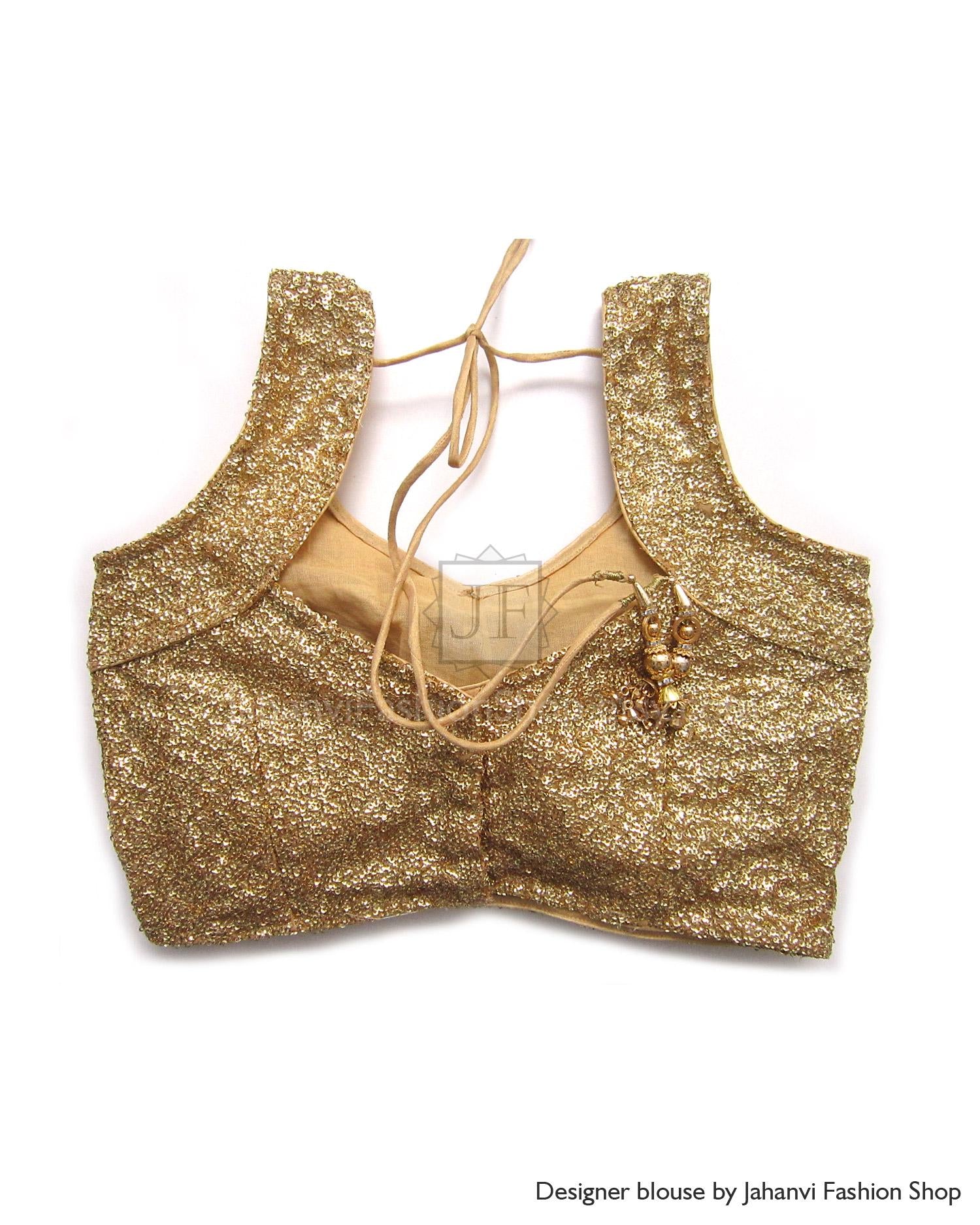 Golden sequin crop blouse with wide neck and crisscross tie back