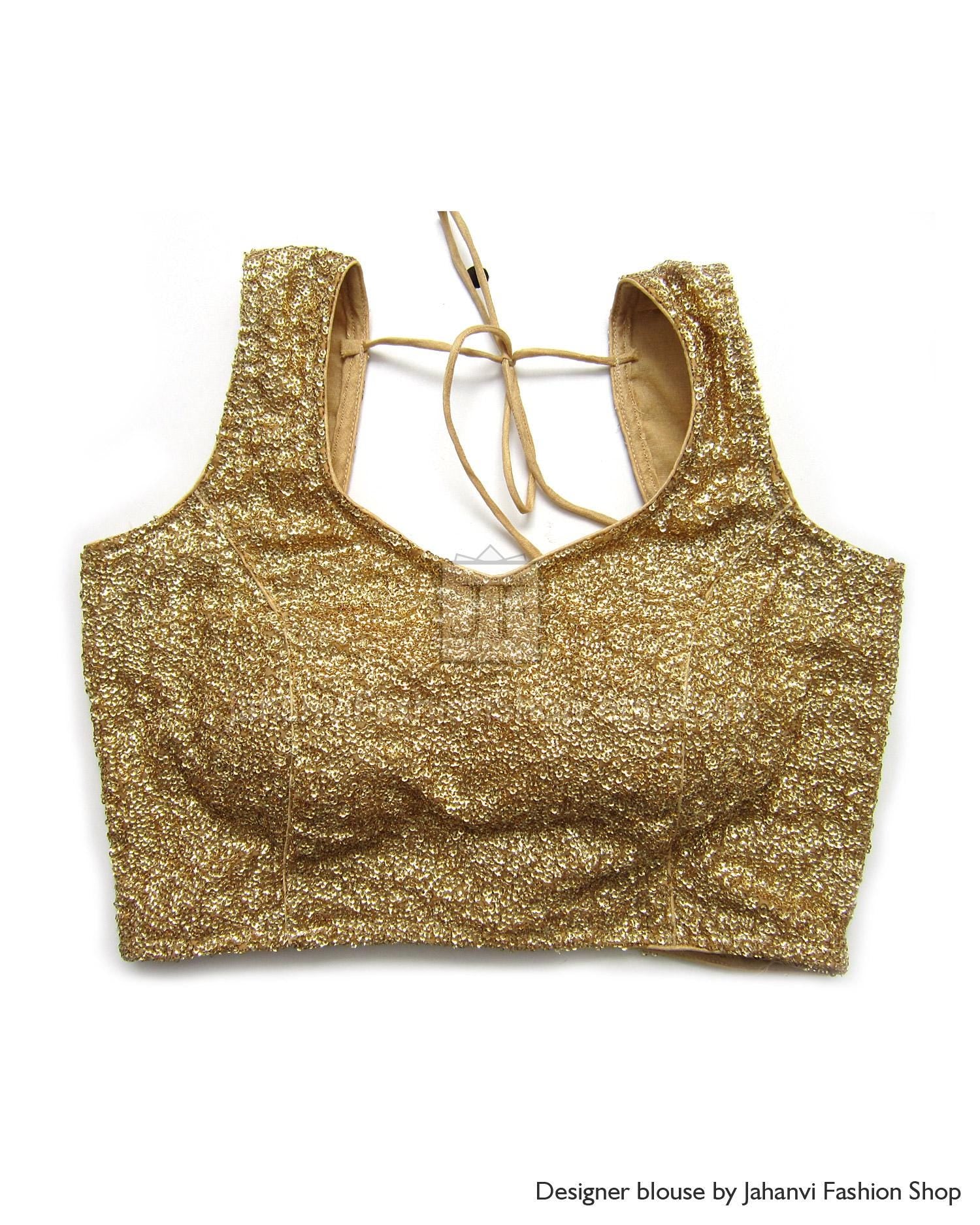 Golden Sequin Saree Blouse: Designer Crop Top for Bridal Lehenga, Back Hook
