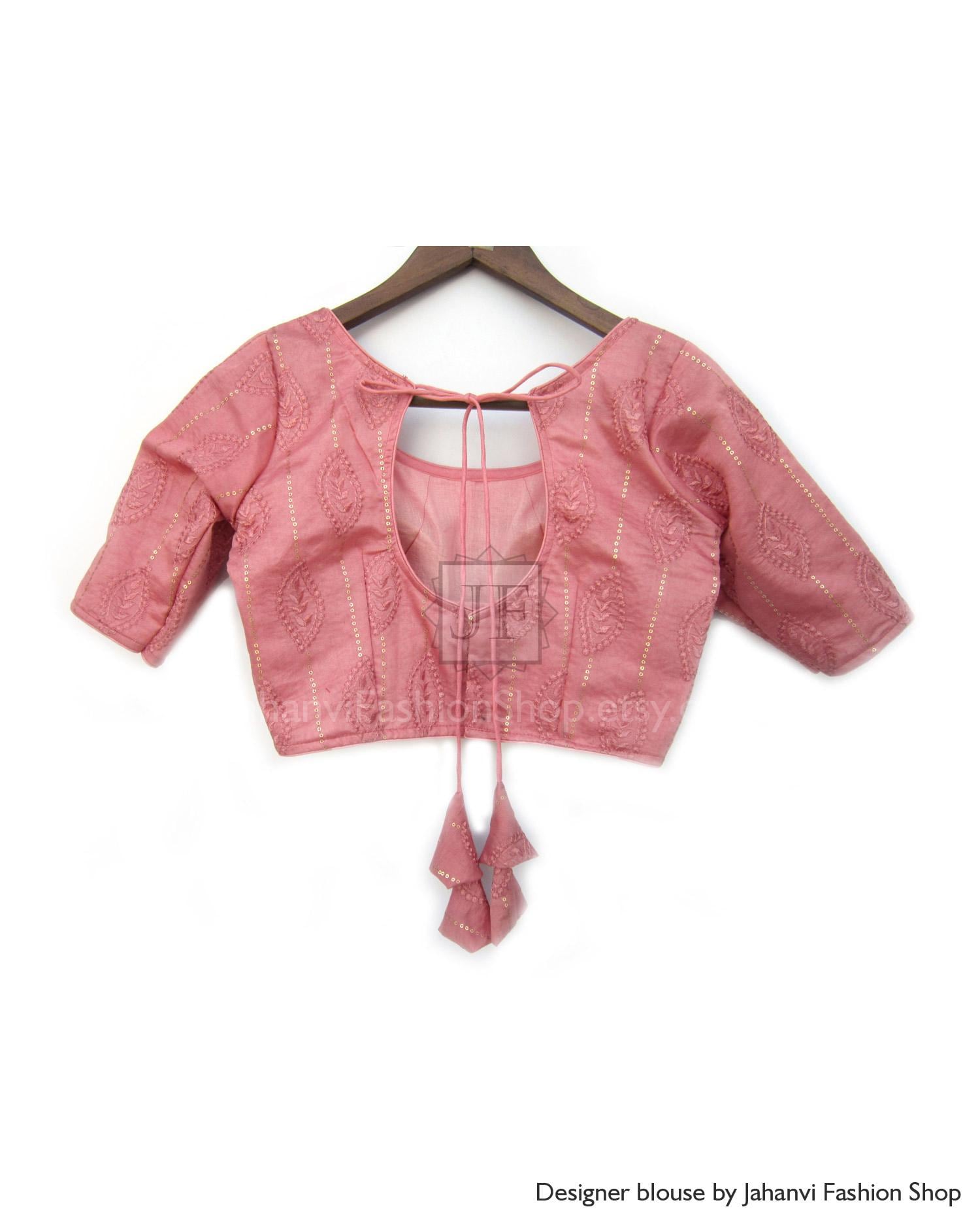 Rose Pink Sequins Embroidery Designer Perfect Fit Saree Blouse, Round Neck Back Tie Up Party Wear Crop Top With Premium Fabric, Order Custom