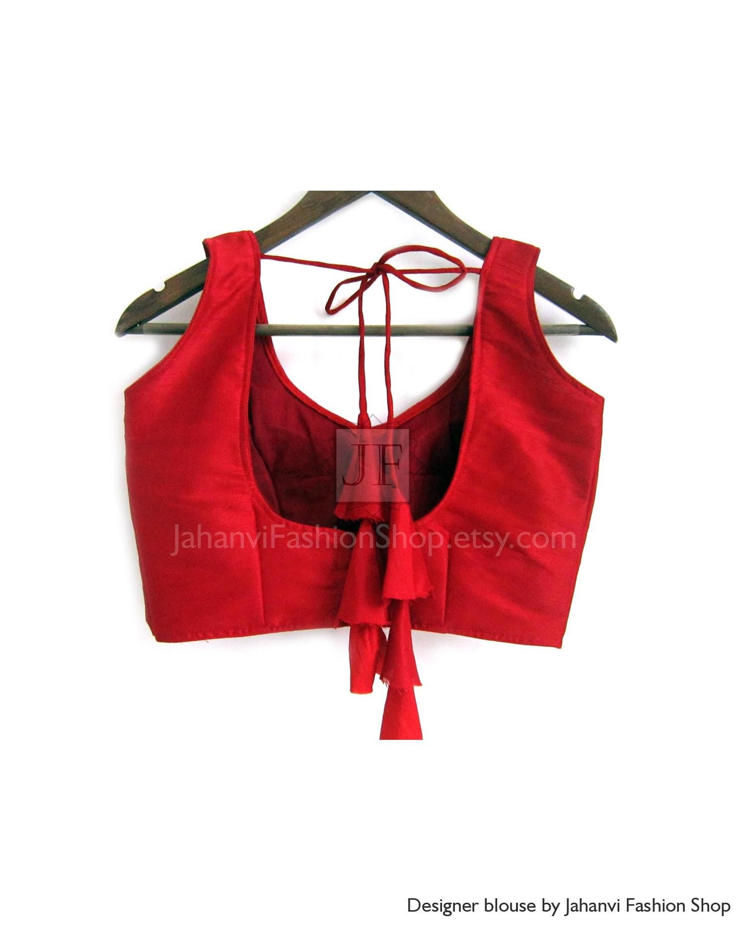 Red Perfect Fit Dupion Silk Crop Top Sweetheart Neck Princess Cut Sleeveless Padded Tie-Up Readymade Wedding Party Wear Custom Saree Blouse