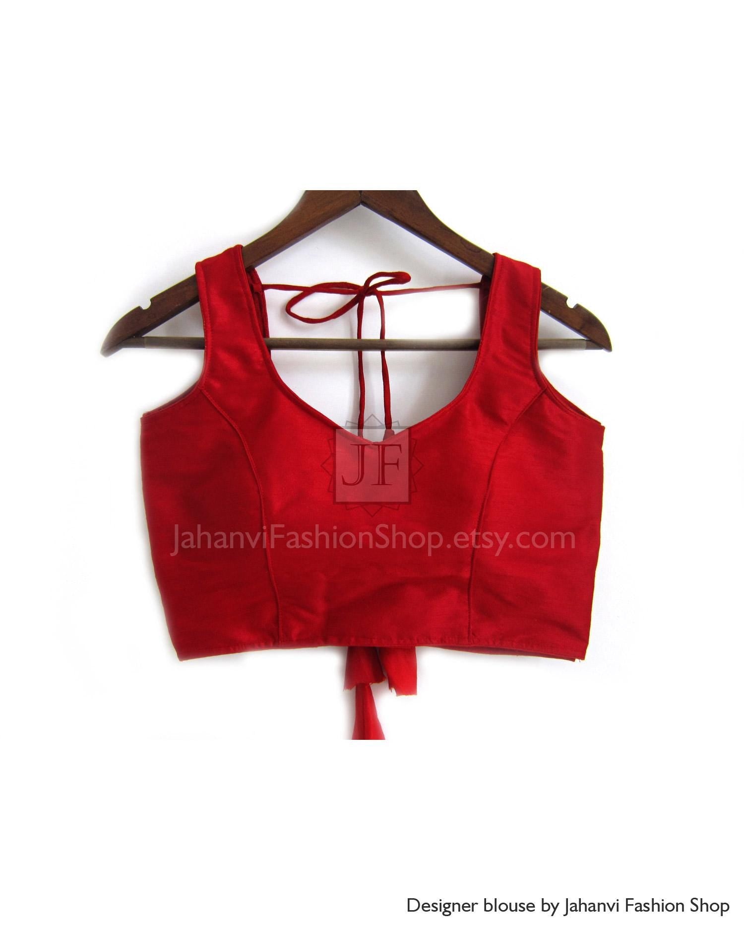 Red Perfect Fit Dupion Silk Crop Top Sweetheart Neck Princess Cut Sleeveless Padded Tie-Up Readymade Wedding Party Wear Custom Saree Blouse