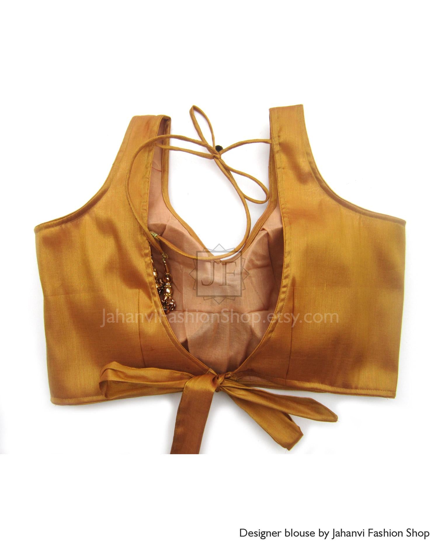 Golden Backless knob Tie Saree Blouse: Sleeveless Designer Party Wear Top for Women