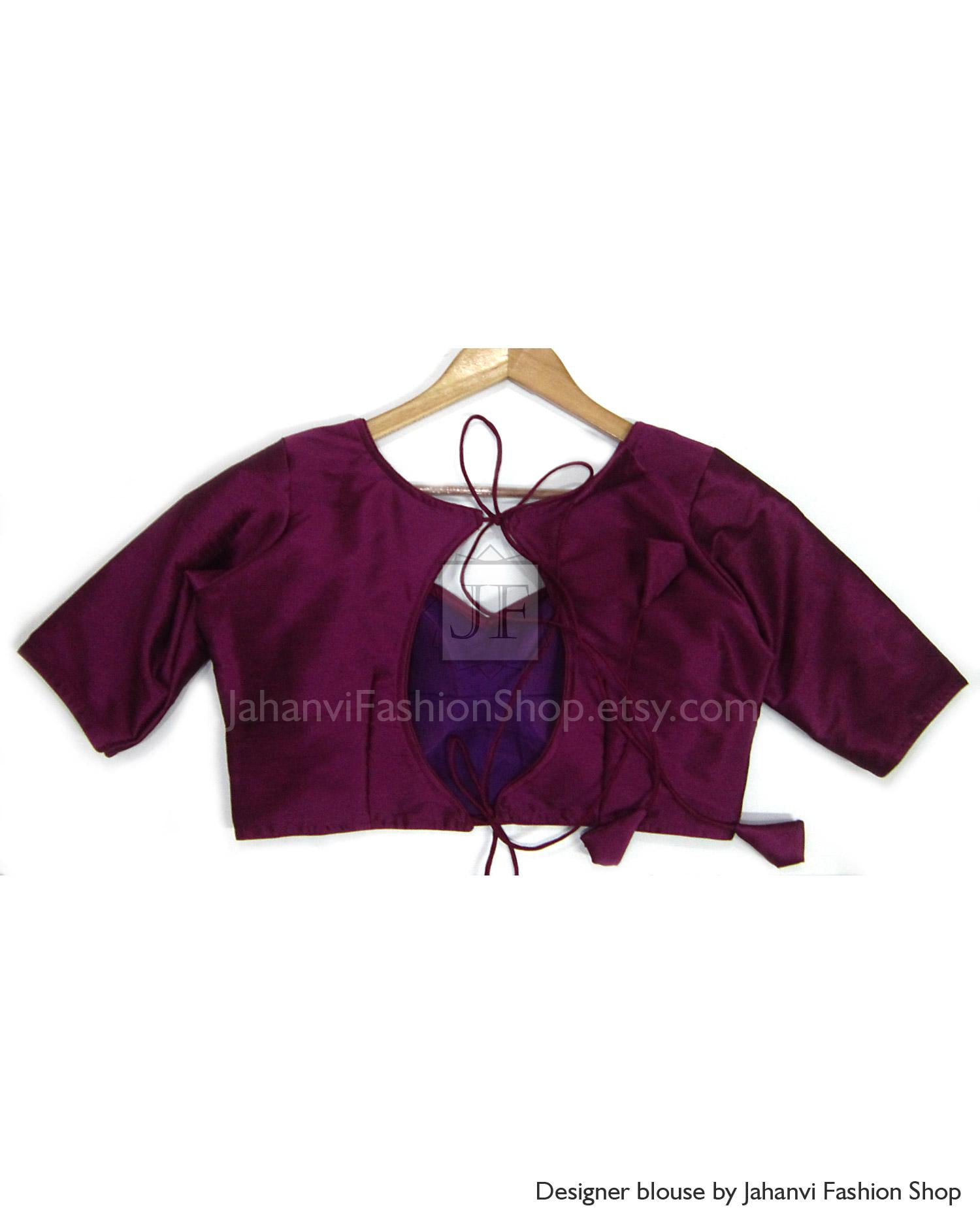 Boat Neck Dupion Silk Saree Blouse- Double Tie Sari Top with Long Sleeves