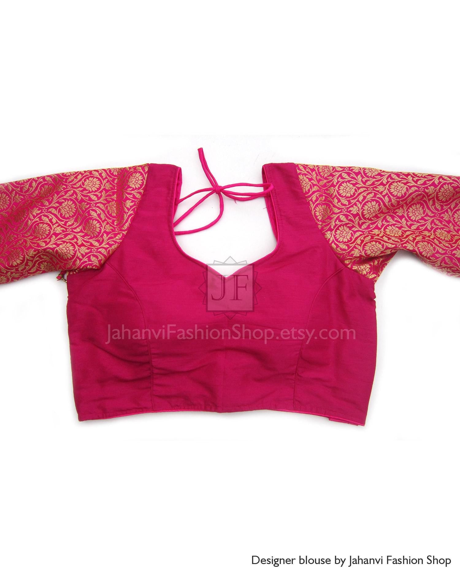 Fuchsia silk saree blouse with brocade long sleeves, open back neck tie
