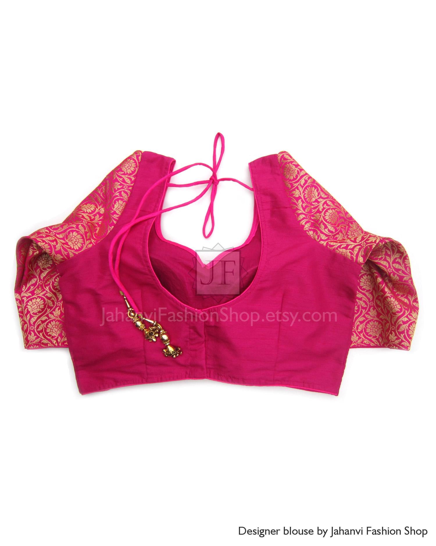 Designer Silk Saree Blouse: Long Brocade Sleeves, Back Open, Custom Made Crop Top